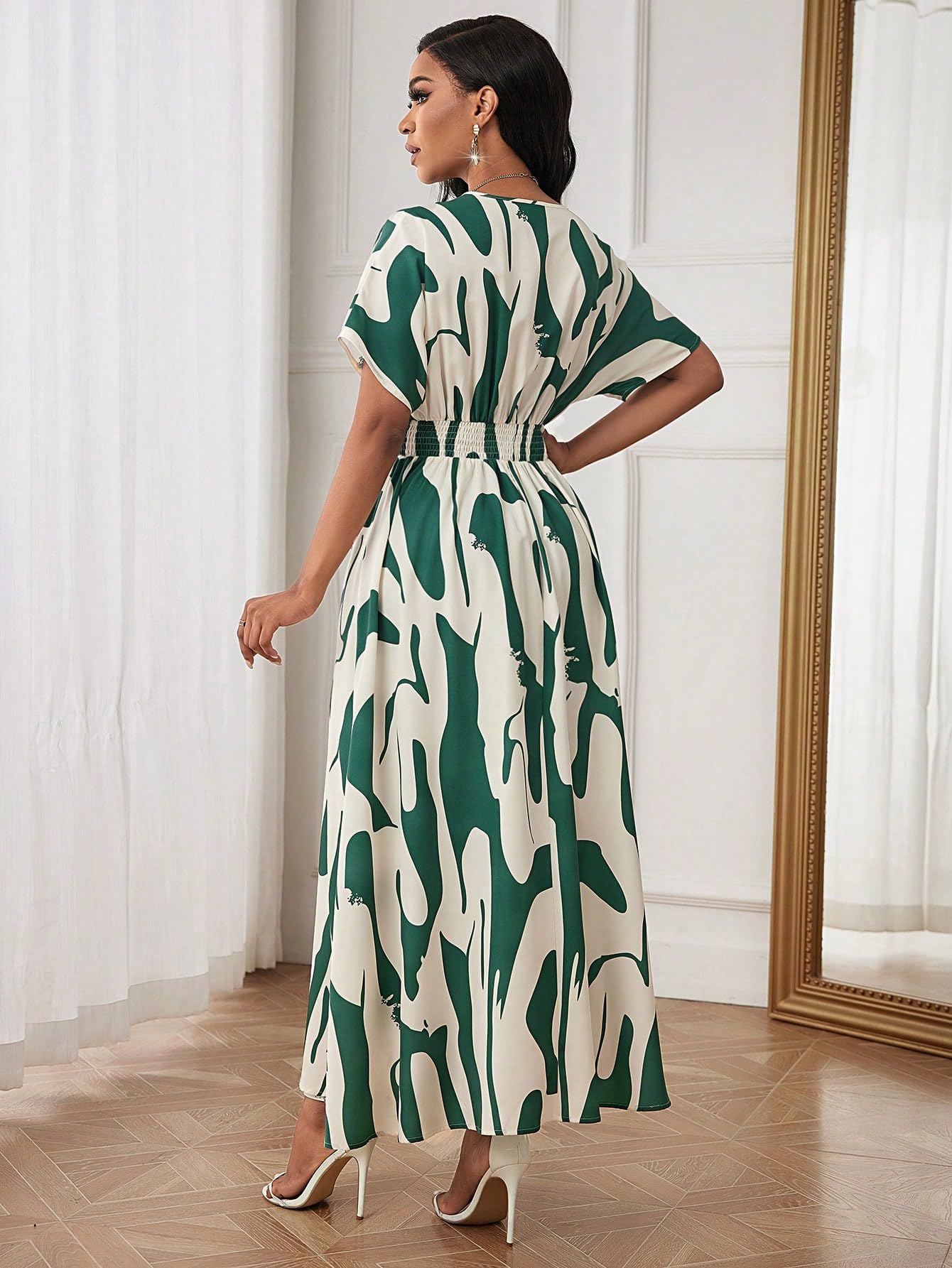 Shasmi Women's & Girl's White Green V-Neck Printed Dress With Ruffled Hem And Belted Waist For Vacation, One Piece Maxi For Women's Casual Dresses (140 Dress White Green-S)