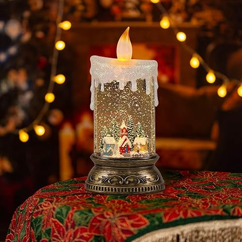 Miniatura 9 de Vela de globo de nieve de Navidad con temporizador y música, escena de cabina nevada, linterna de nieve con forma de vela brillante, linterna de