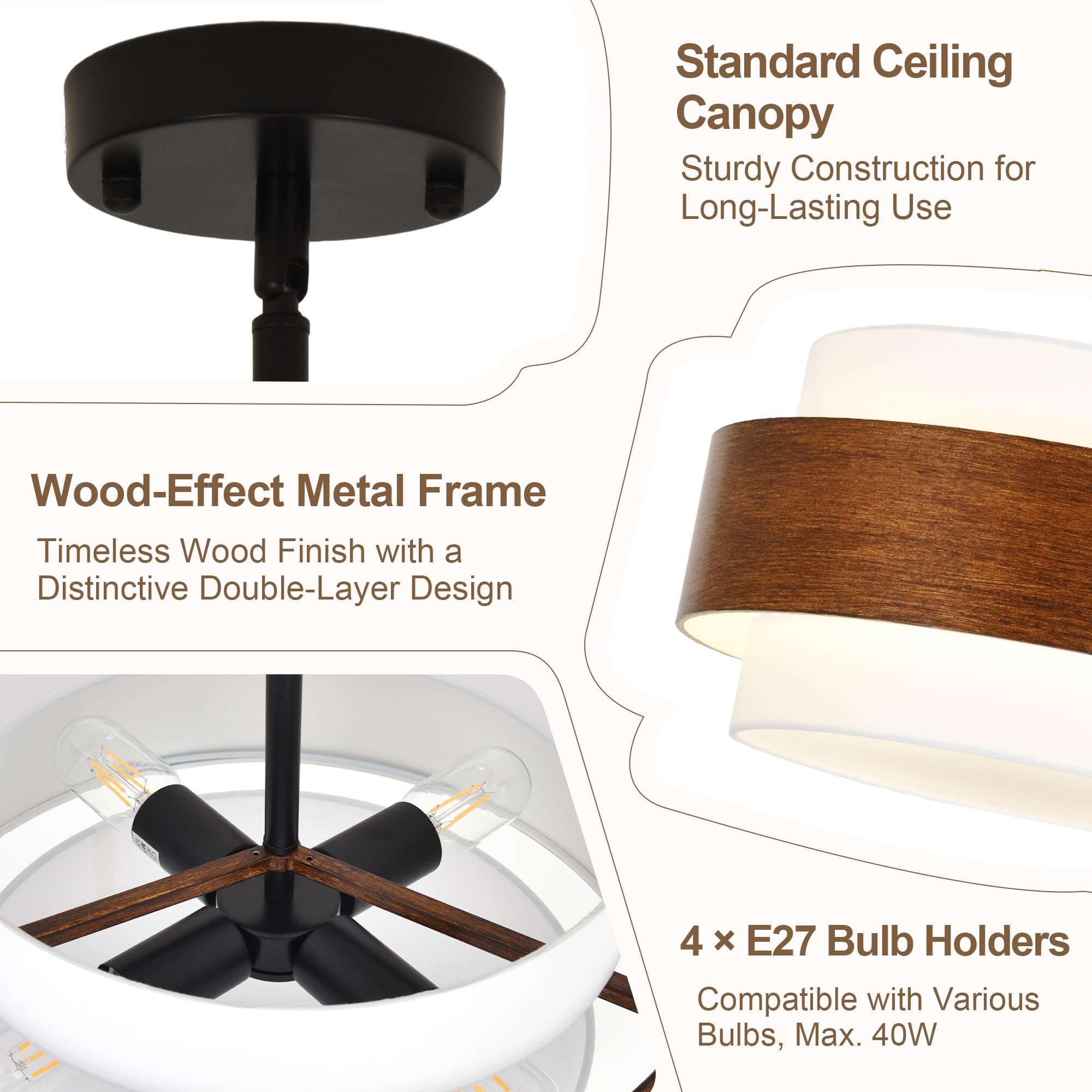 Lustre Teinte Bois, Lustre Moderne à 4 Lumières Rond en Forme de Tambour