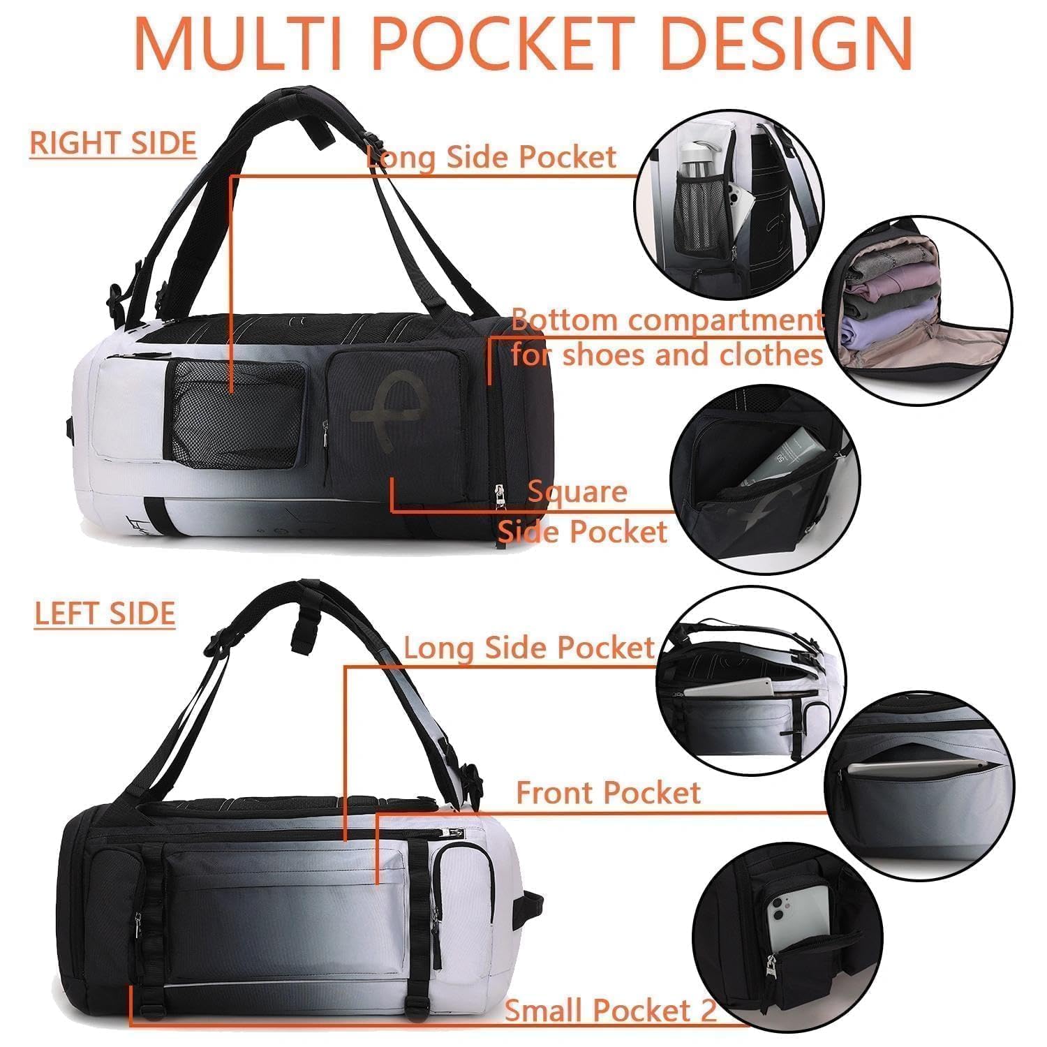 BE SMART - Mochila de gimnasio extragrande de 50 L para hombre, bolsa de gimnasio grande con compartimento para zapatos, bolsas de lona resistentes al agua, Gardient Black, XL, Mochila de lona para