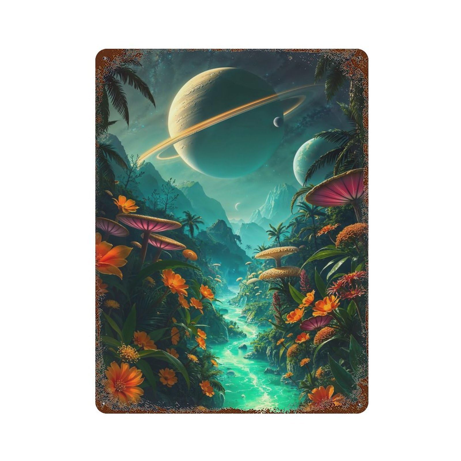 Alien Jungle River Dreamscape 15.7"x11.8" Weathered Tin Sign, Classic Wall Plaque for Patio, Garden Room And Bar Decor