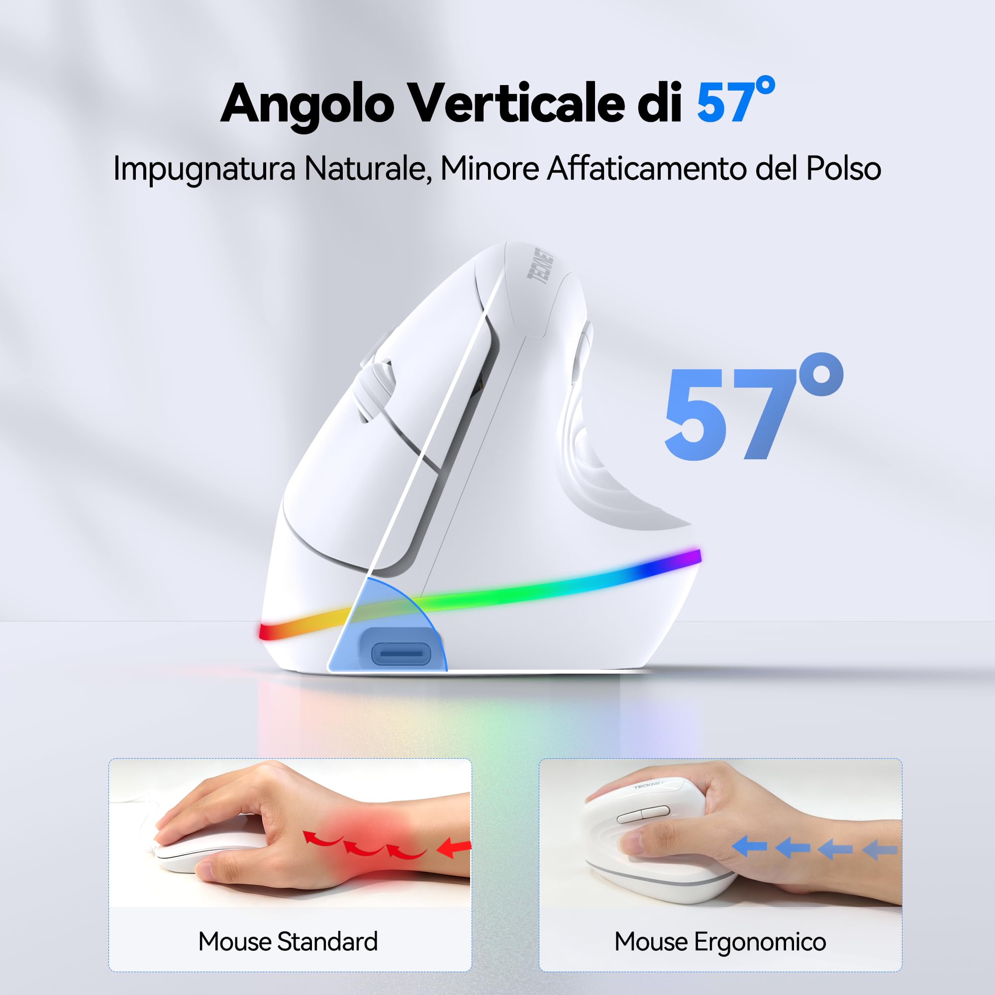 TECKNET Mouse Ergonomico Wireless, Mouse Verticale Ricaricabile, Mouse Bluetooth+ 2,4 GHz, Mouse Wireless Silenzioso, 4800 DPI Regolabili, 6 Pulsanti, RGB Chroma, Compatibile con PC/Windows/Mac