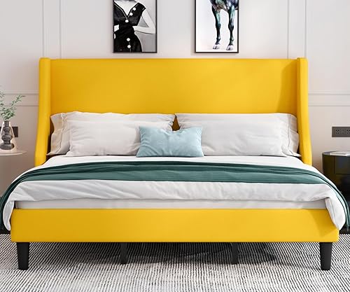Miniatura 42 de Allewie Marco de cama de plataforma moderna, tamaño queen con respaldo de orejas, tapizado, con cabecera, soporte de listones de madera, base de