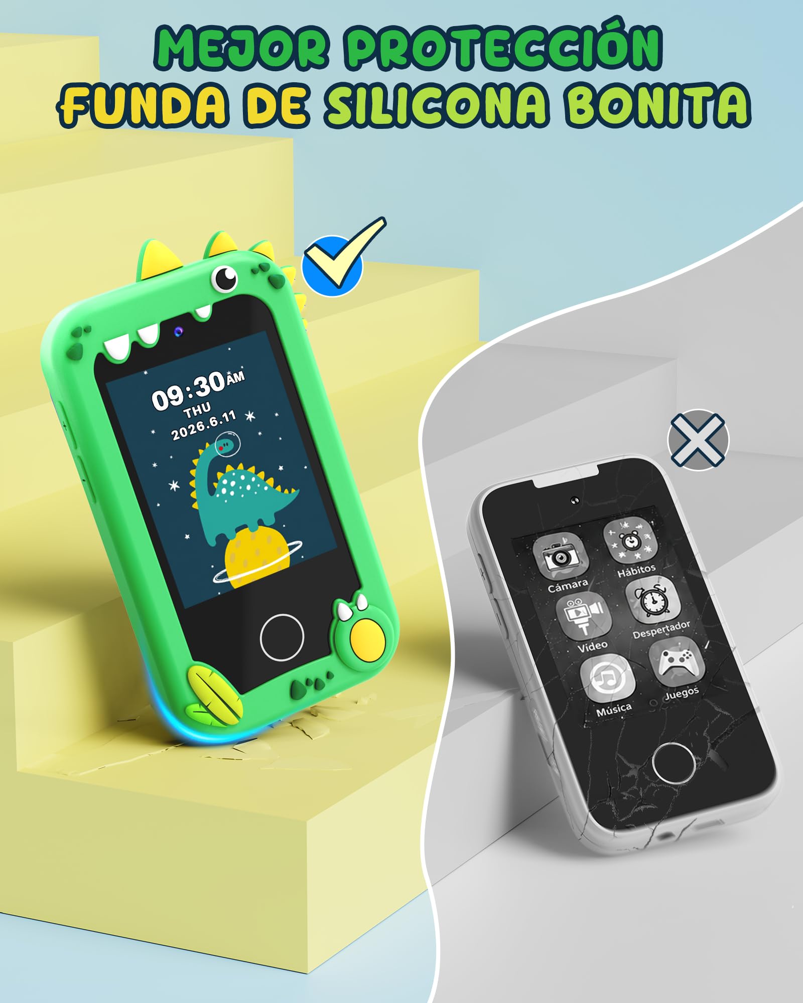 UCIDCI Teléfono inteligente de dinosaurio para niños de 3 a 8 años, teléfono de aprendizaje con pantalla táctil de 2.8 pulgadas con 25 aplicaciones de cámaras duales, tarjeta SD de 8 GB, reproductor
