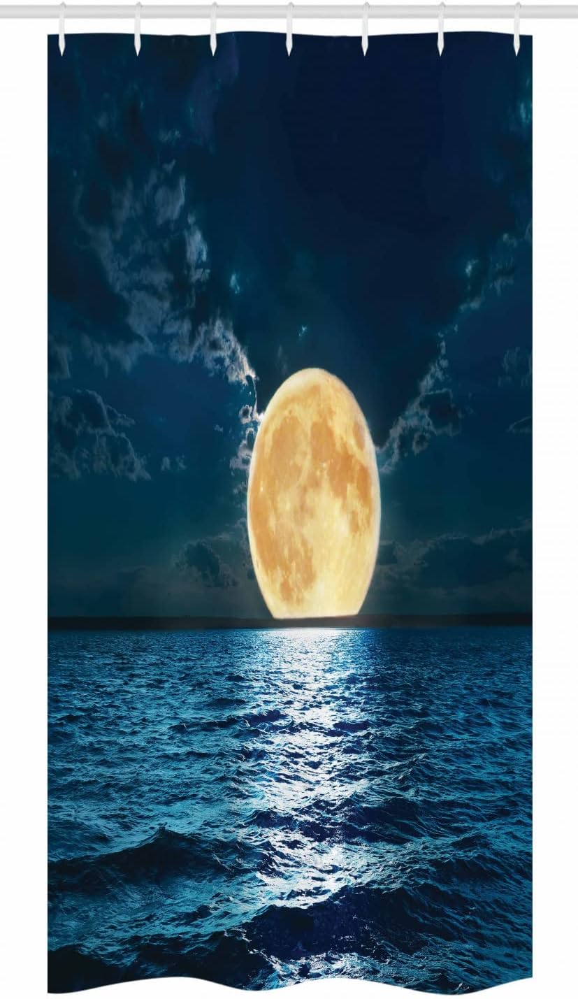 Ambesonne Ocean Stall Shower Curtain, Super Moon Over Ocean Surface Midnight View Dreamy Mystic Picture Print, Fabric Bathroom Decor Set with Hooks, 36" W x 72" L, Yellow Navy