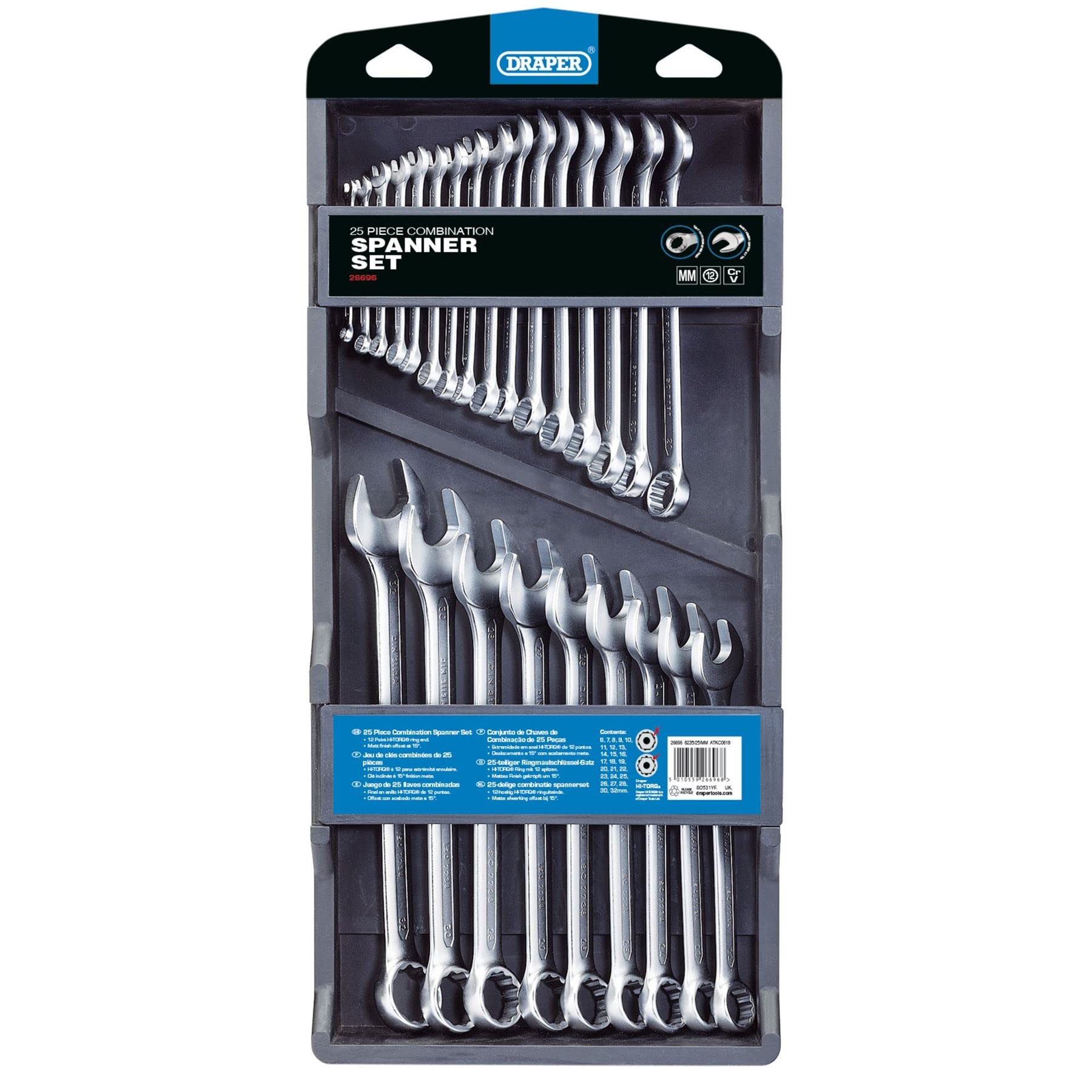 Draper 26696 Hi-Torq Metryczny zestaw kluczy płasko-oczkowych, 6 mm-32 mm, 25 sztuk, niebieski