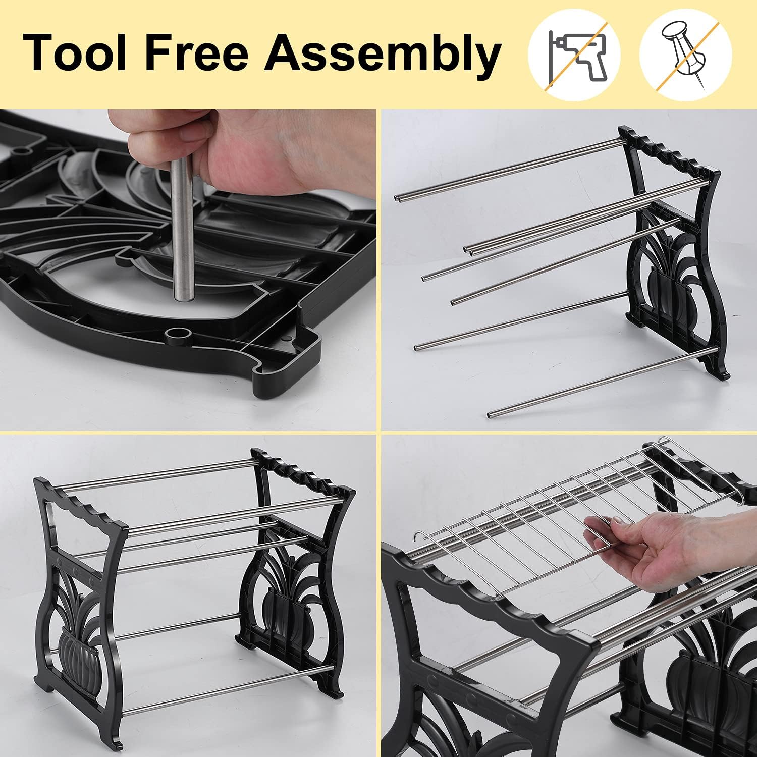 DUSASA Small Dish Drying Rack For Countertop - 2-Tier Stainless Steel Compact Dish Rack Organizer Drainboard Set with Utensil Holder, 6 Removable Hooks for Kitchen Counter