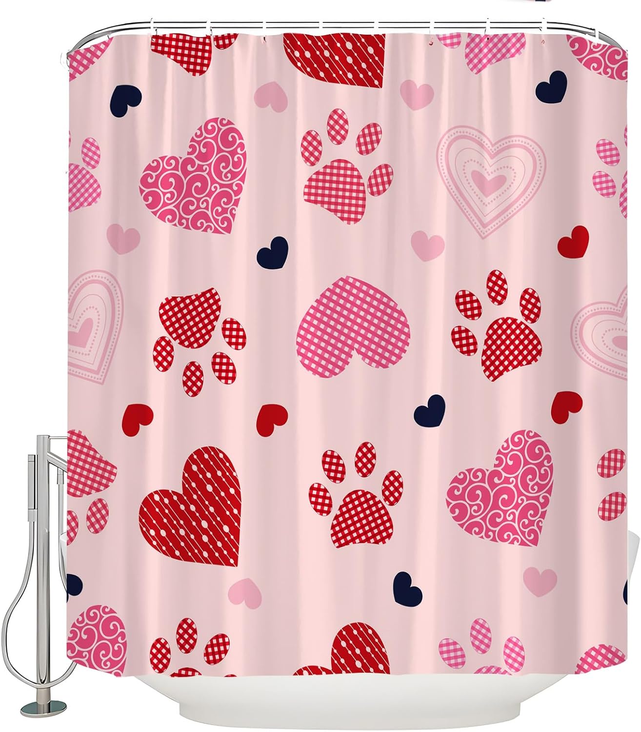 Valentine Shower Curtain Red Heart Cute Dog Paw Print Romantic Love Modern Abstract Hearts Sweet Pet Lover Couple Wedding Bath Curtain with Hooks, 70x84 Inch