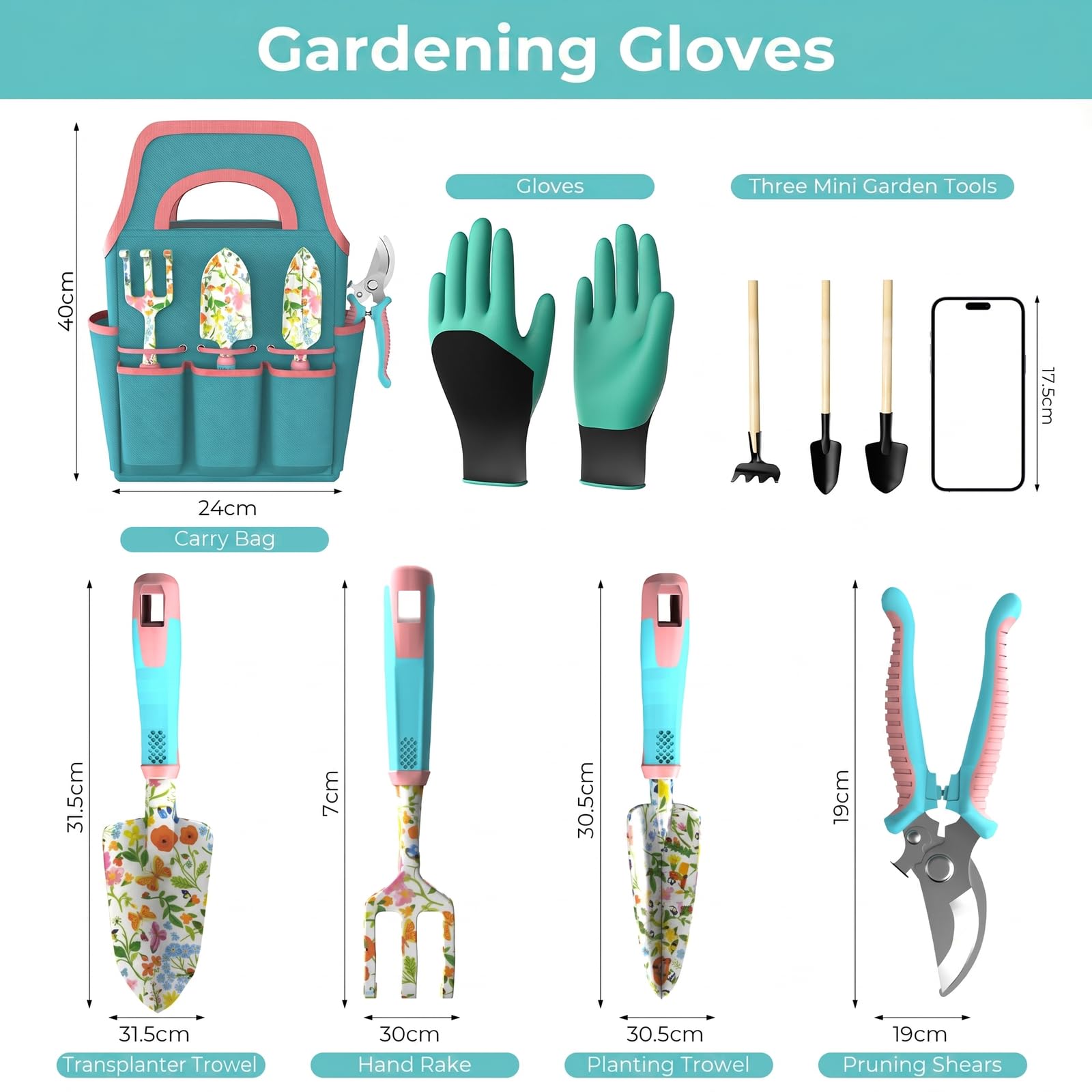 Set di 9 attrezzi da giardinaggio, utensili a mano in lega di alluminio, con borsa da giardino, set di attrezzi per esterni robusti con impugnatura ergonomica