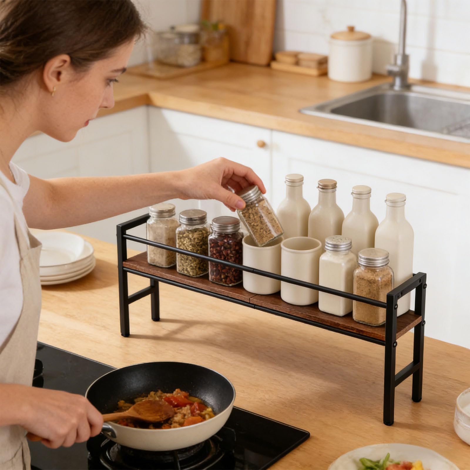 Greabuy Moderno soporte para condimentos de cocina con base de madera y estructura de hierro, excelente para organización compacta de áreas, estante de cocina negro