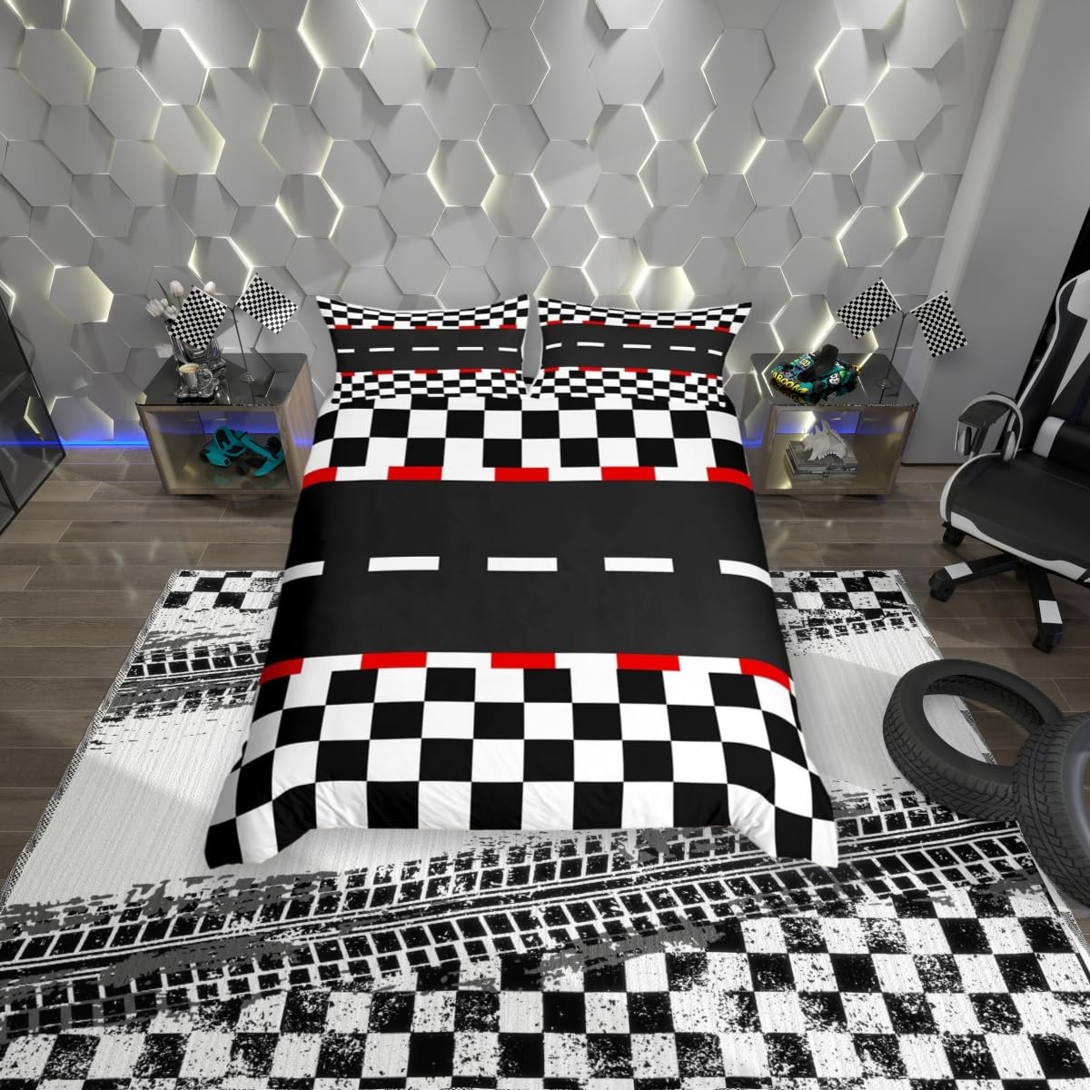 Feelingyou Boys Racing Track Duvet Cover,Kids Black White Grid Bedding Set,Speed Race Car Comforter Cover For Girls Room Decor,Extreme Sports Lightweight Bedspread Cover Single Size With 1 Pillow Case