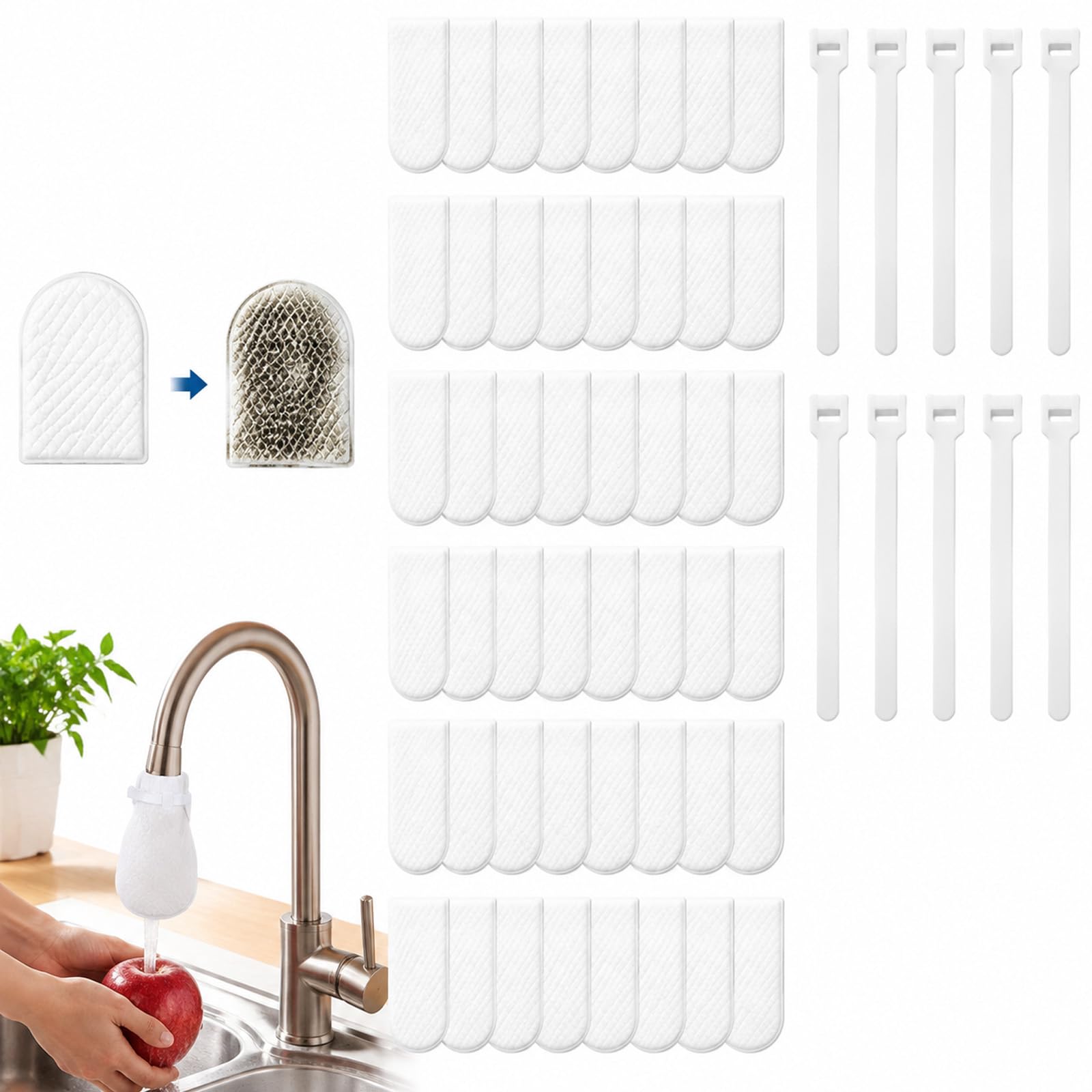 100 PCS and 10 T-shaped Straps Faucet Filter Cotton Bag, Effective and Convenient, Ideal for Filtering Tap Water in Kitchen Sinks, White