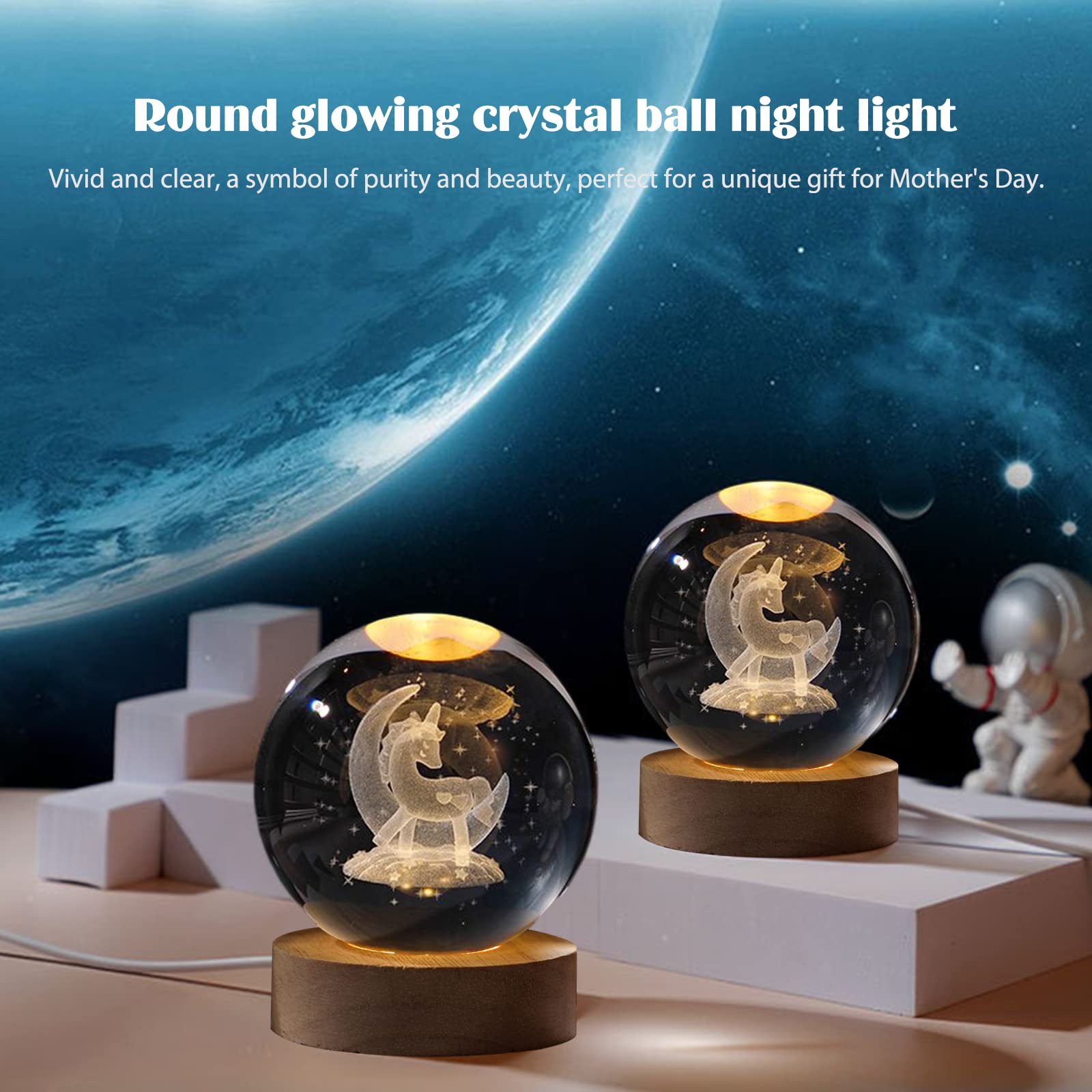 Luce notturna a sfera di cristallo, lampada a sfera di cristallo con base in legno 3D