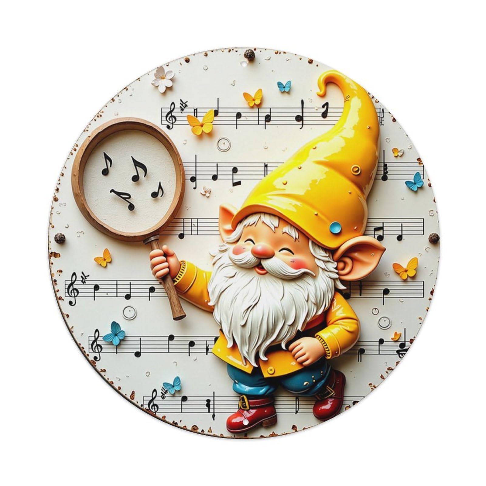 Gnome Music Notes Butterflies Garden Retro Metal Sign Round Tin Sign, Vintage Decor Art Poster for Bar, Home, Man Cave, Kitchen, Laundry Room Gift 8x8Inch
