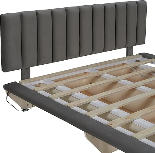 Miniatura 24 de Cama de plataforma flotante tamaño Queen con sensor de luz y cabecero, marco de cama moderno tapizado de terciopelo suave, no necesita somier