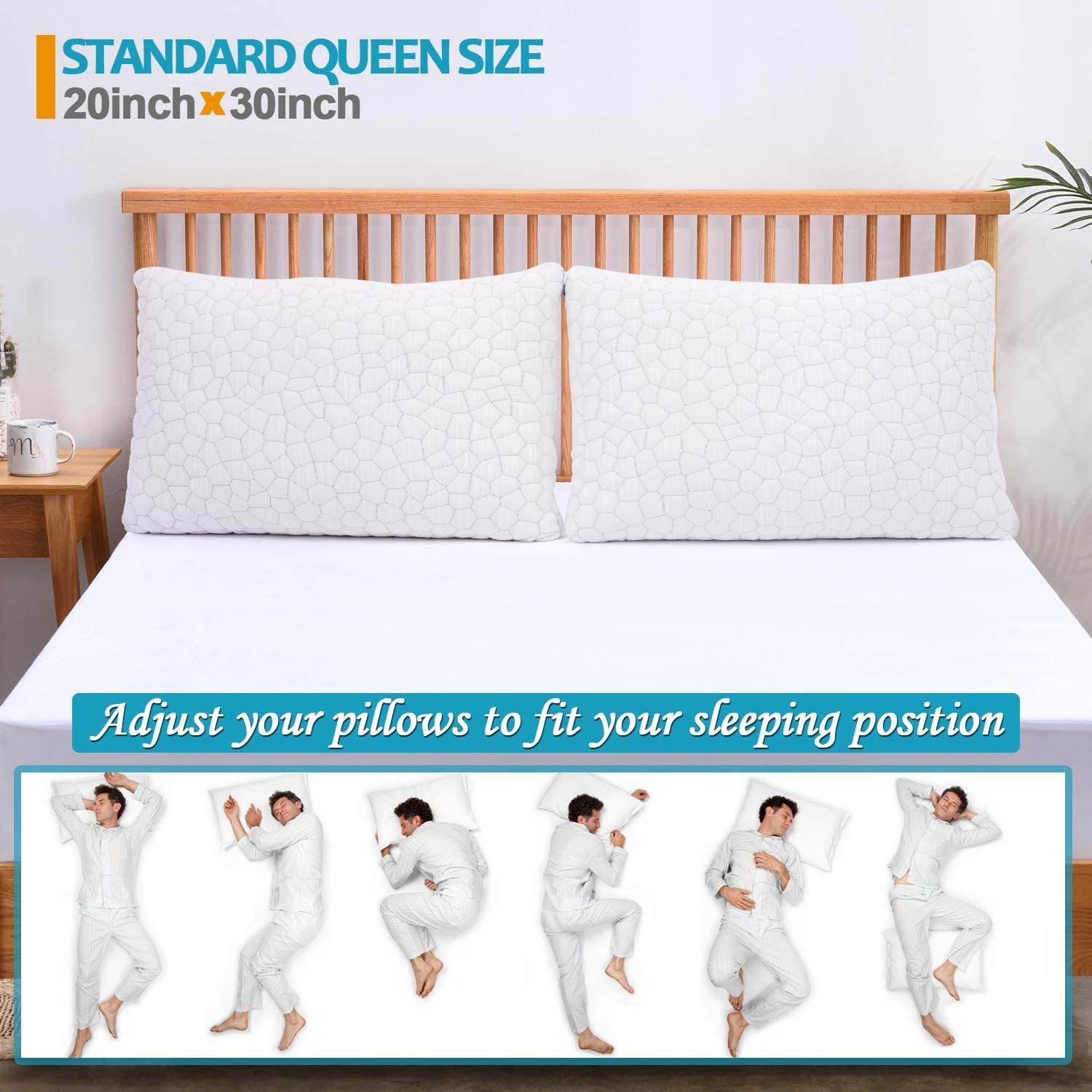 Almohadas de espuma viscoelástica trituradas para dormir y refrescar la almohada de bambú con almohadas hipoalergénicas ajustables para dormir de lado y de espalda, lavable