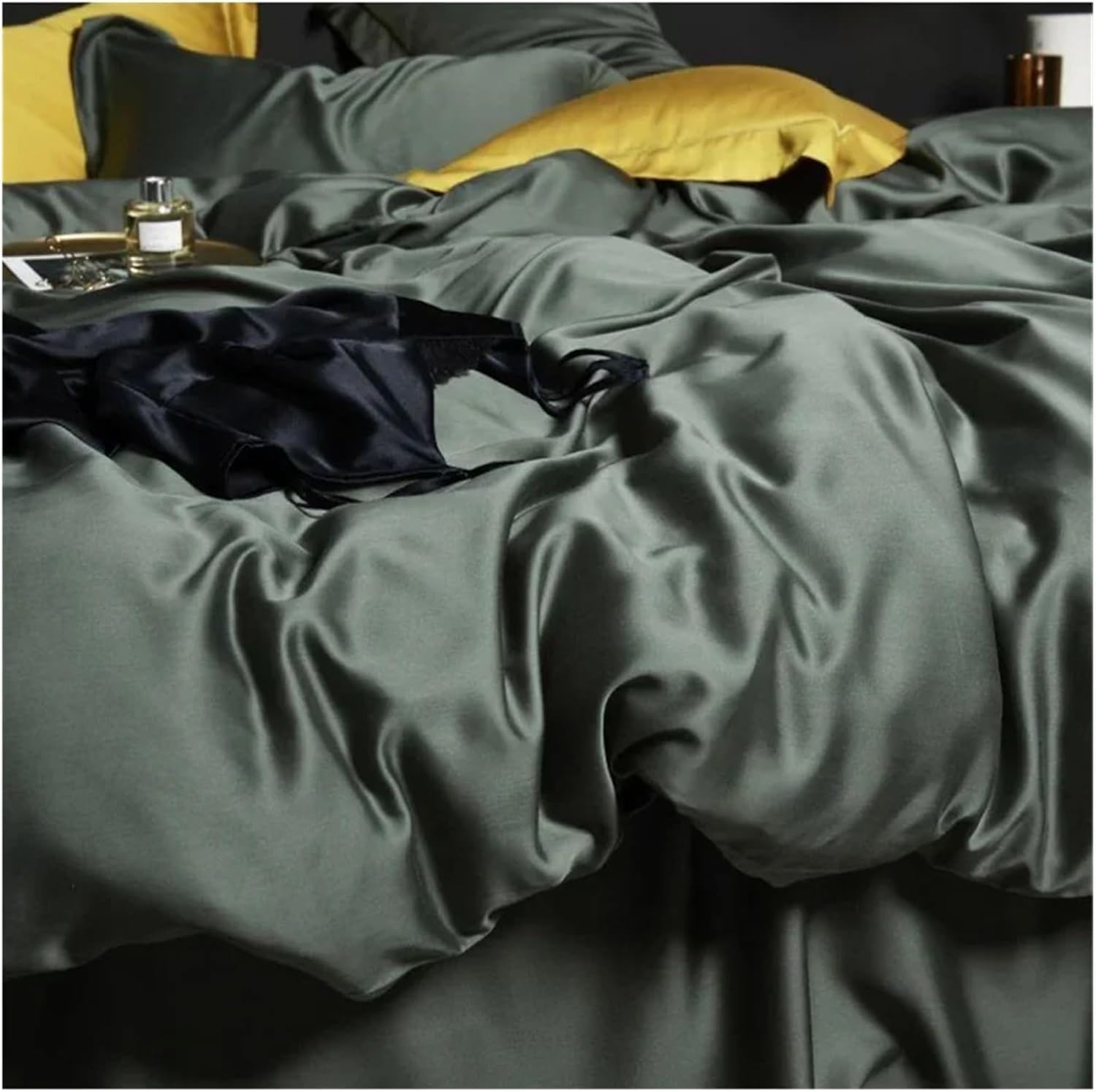 Komplet pościeli Silk Green Beauty Double Queen King, komplet pościeli z prześcieradłem i poszewką na poduszkę, zestaw czterech elementów,(D-Królowa