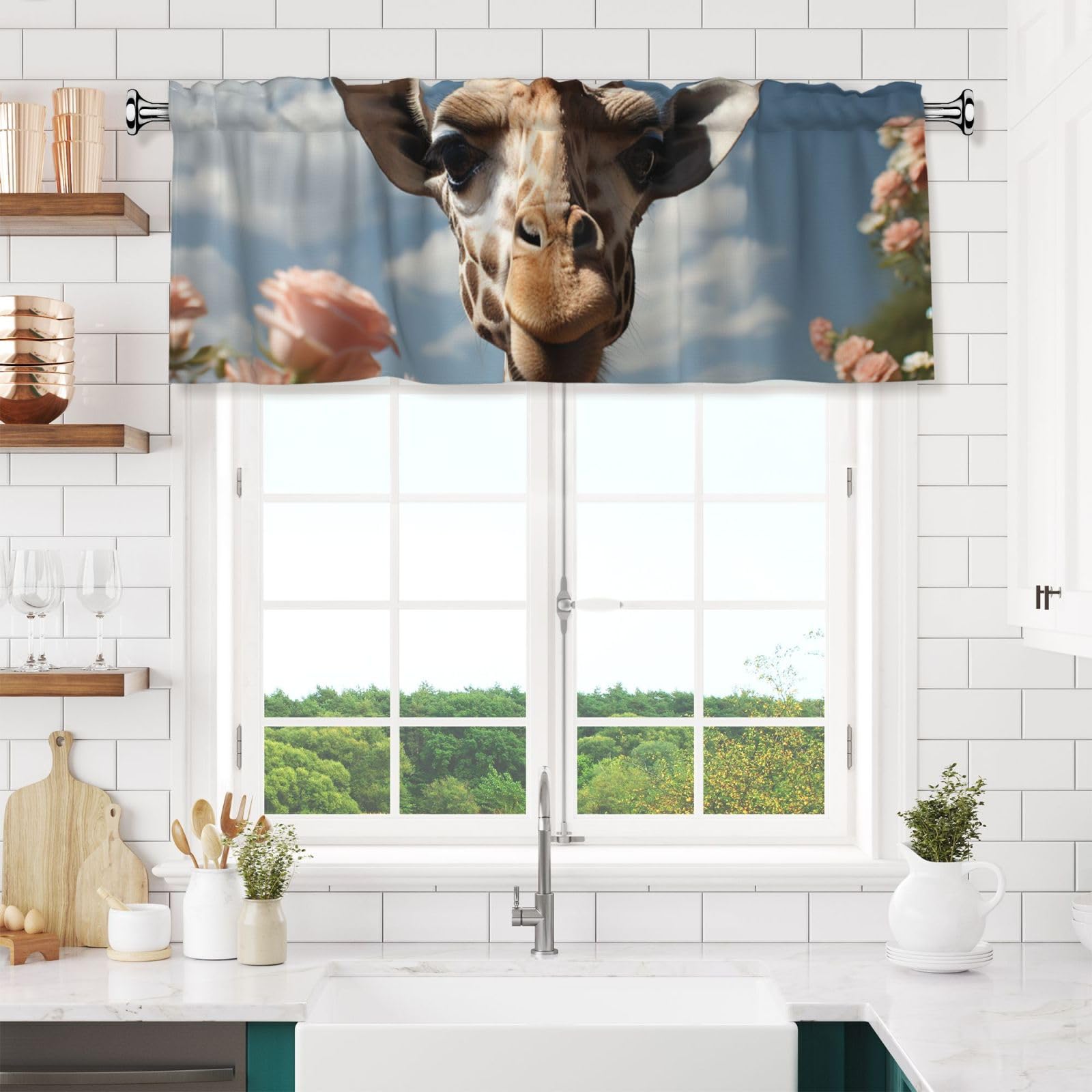 NONHAI Beautiful Giraffe Valances for Windows Short Curtains Rod Pocket Cafe Window Treatments Valance Curtains for Kitchen Bathroom Laundry Basement Windows 54x18inch Blackout Window Valance