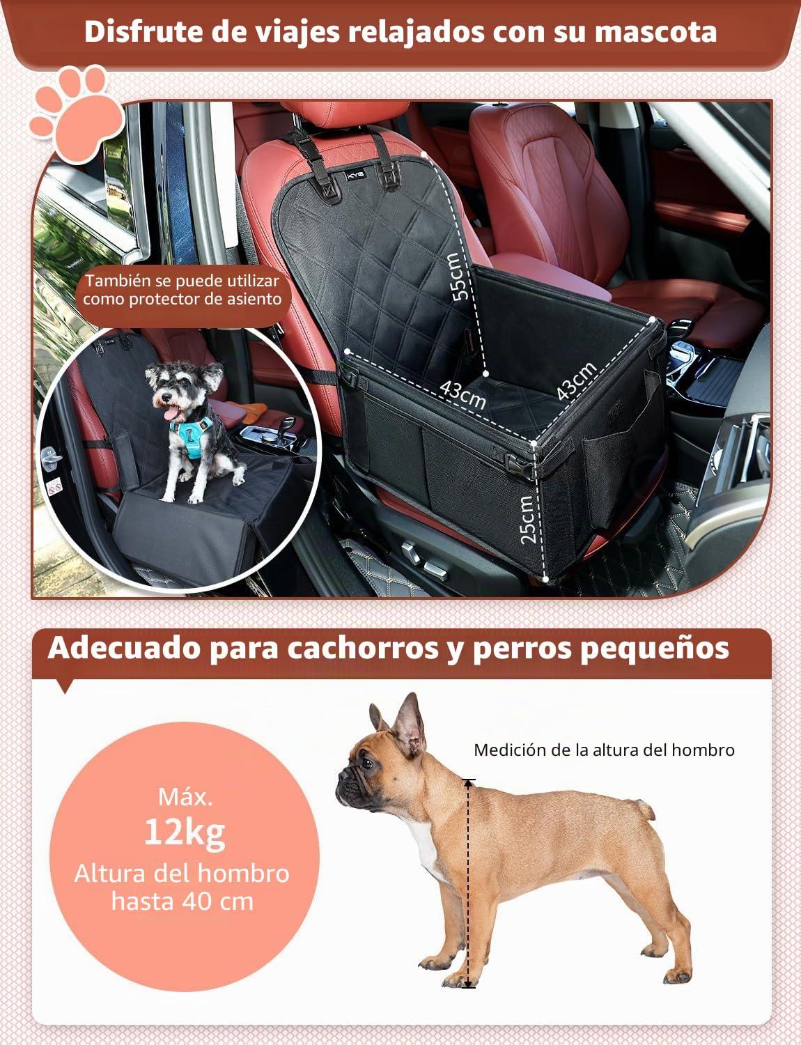 KYG Asiento de coche para perros – particularmente estable, impermeable, antideslizante y resistente a los arañazos para perros de talla pequeña – para pasajero y asiento trasero (negro)