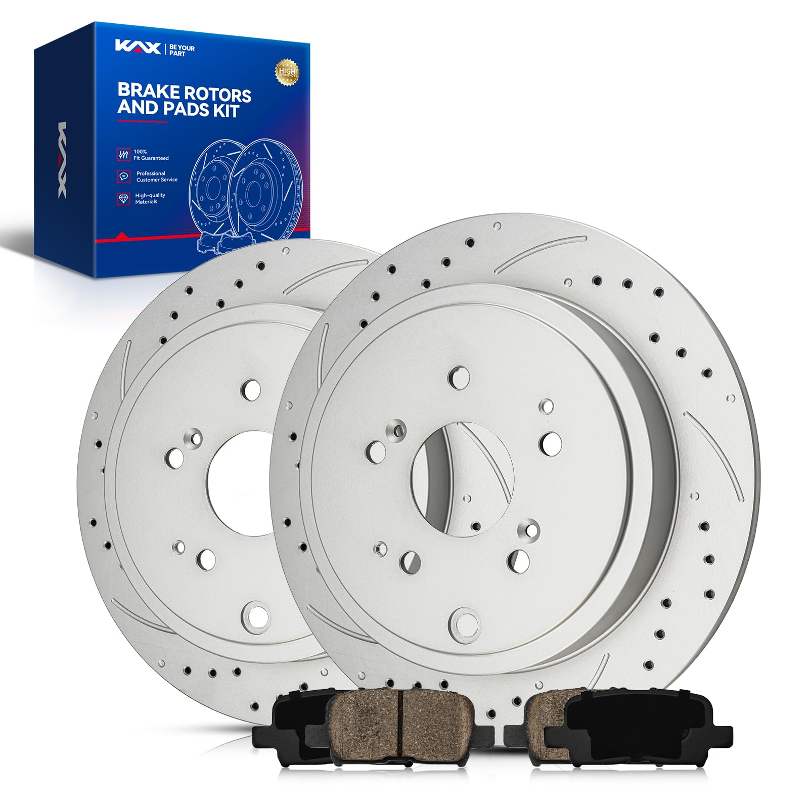 KAX Rear Brake Kit, Drilled and Slotted Brake Rotors, Ceramic Brake Pads | Fits Honda Pilot 2003-2008, Acura MDX 2001-2006, Automotive Replacement Brake Kit