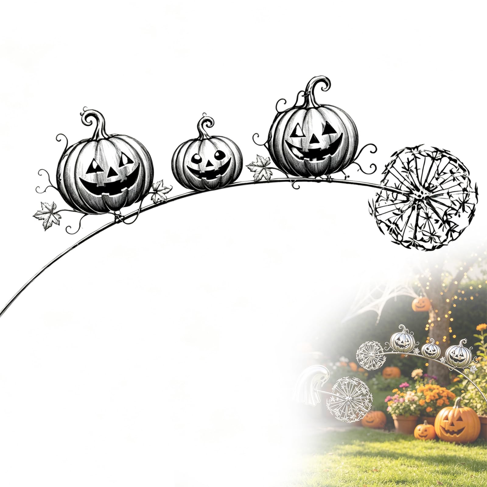 OEHUG Halloween Ghost Metal Garden Stakes with Dandelion Accent (Pumpkin)