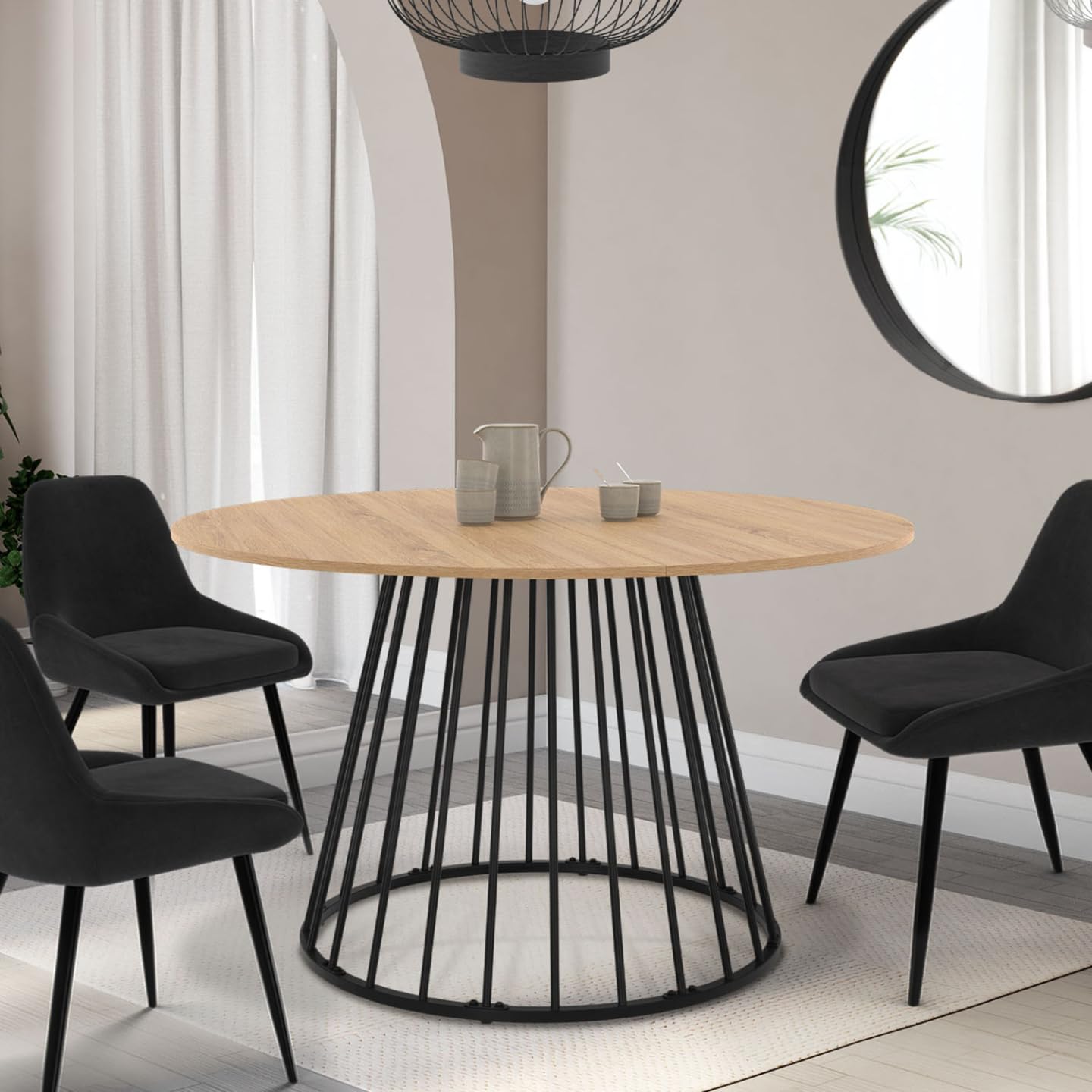 IDMarket - Tavolo da pranzo rotondo allungabile YUNA 4-8 persone con piano in legno e gamba in filo metallico nero 110-150 cm