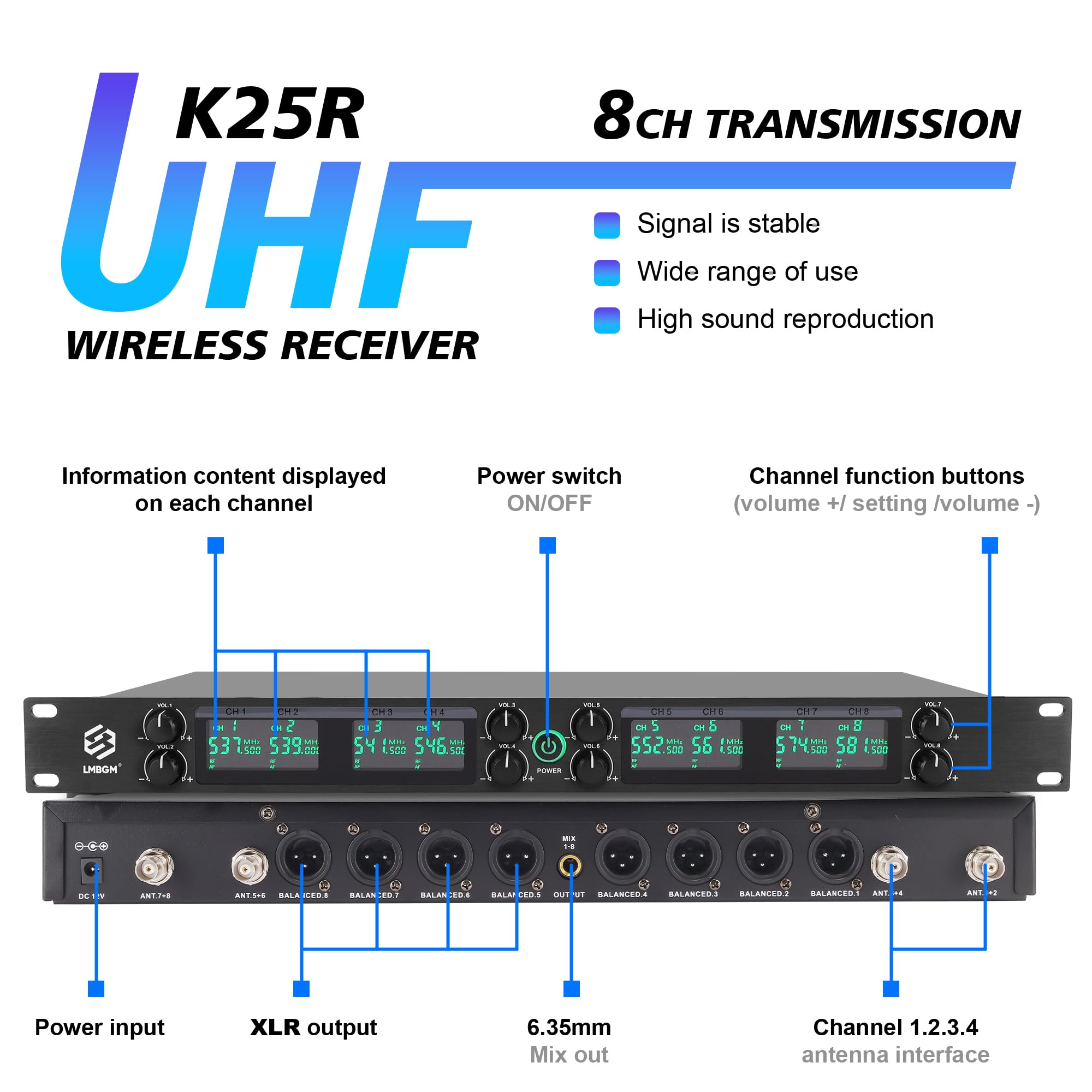 K-25R Wireless Microphone System, 8 canali UHF Handheld and Bodypack Microphones for Stage Performances, Church DJ Weddings and Karaoke (K-26R 8bodypack)