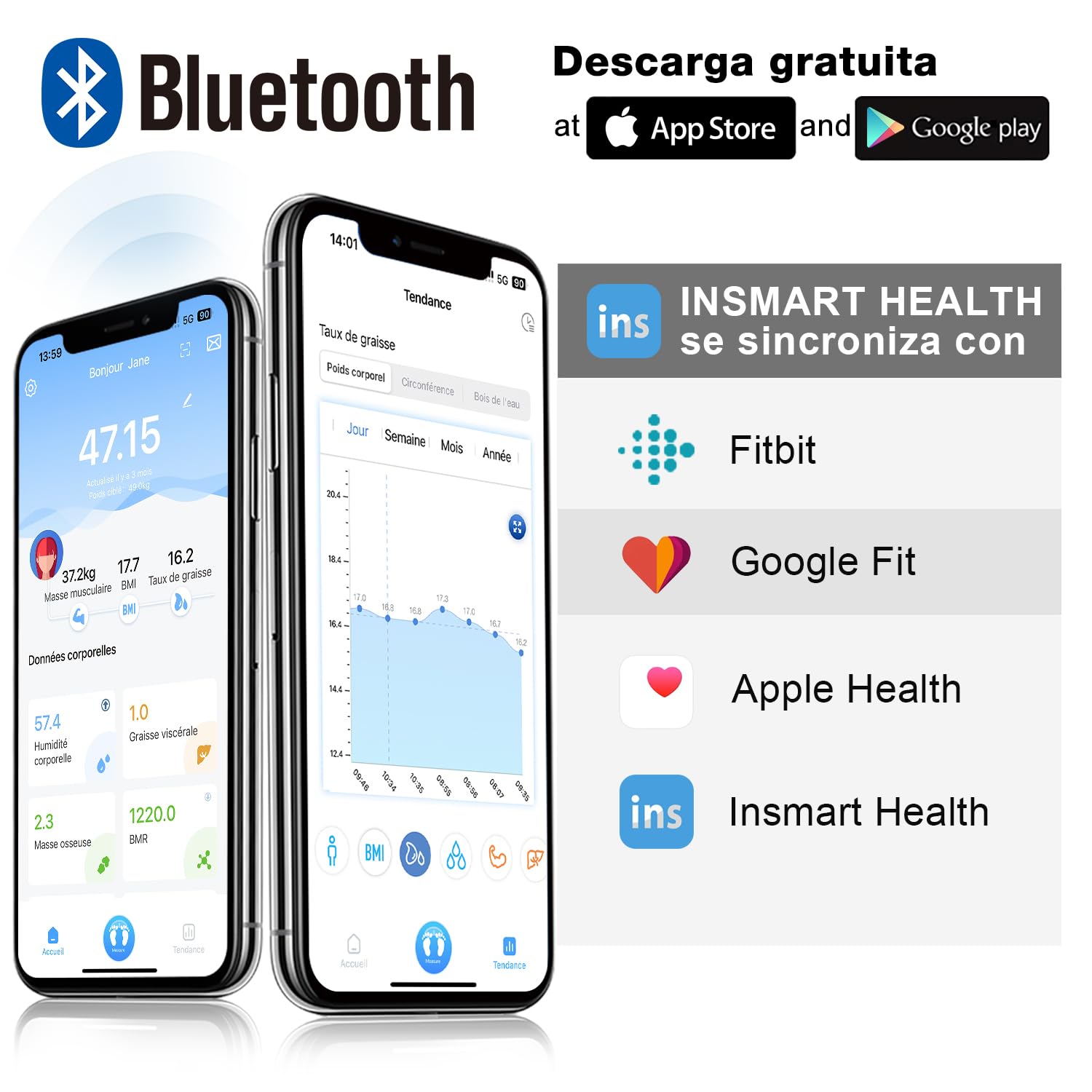 Bilancia Pesapersone Digitale Professionale, INSMART Bilancia Impedenziometrica Smart Bluetooth con 16 Indici di Misurazione Pesa Persone, Massa Grassa e Magra, BMI, Massa Muscolare o Ossea, 180KG