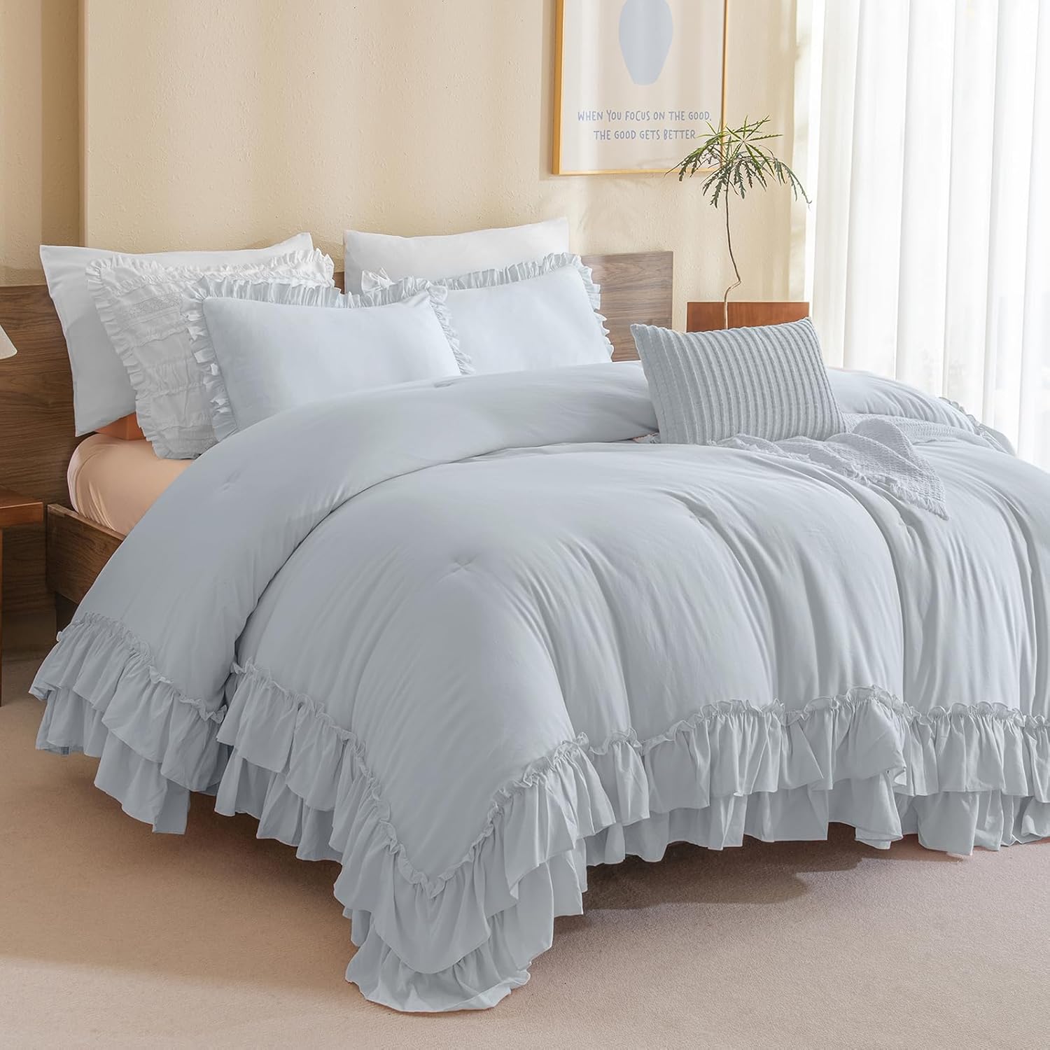 Masaca Shabby Ruffled King Comforter Set,Farmhouse Cornflower Blue Bedding Comforter Lightweight Ultra Soft Vintage Rustic Bedding 3pc (1 Ruffle Comforter and 2 Pillowcases) King Light Blue