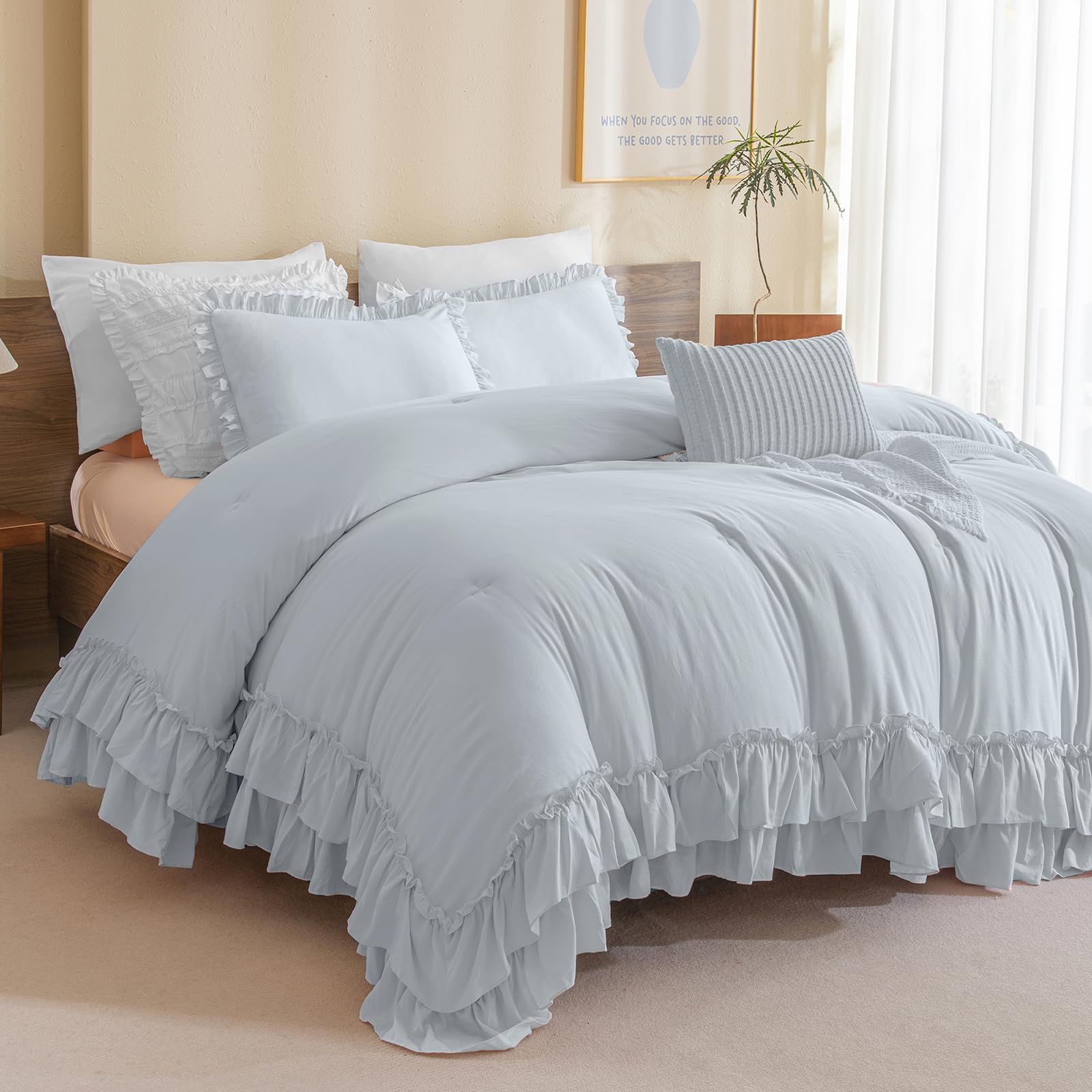 Masaca Set di biancheria da letto king size con volant, stile shabby chic, colore blu fiordaliso, leggero, ultra morbido, vintage, rustico, 3 pezzi (1 piumino con volant e 2 federe)
