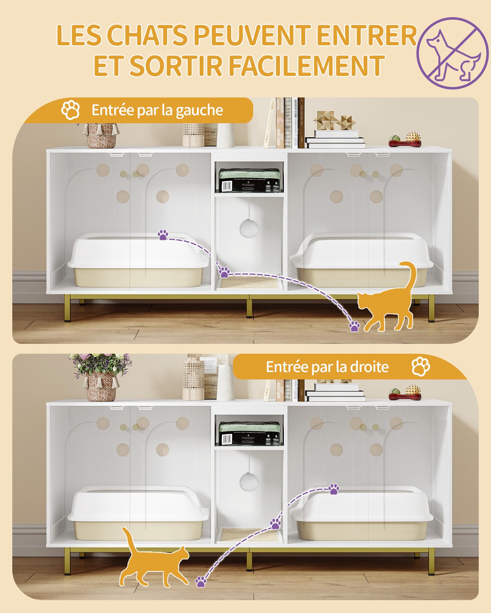 Hzuaneri Meuble Litiere pour 2 Chats, 140cm Meuble Litiere Chat, Blanc Or | Maison Cachée pour Chat avec Chambres Doubles, Espace de Rangement, Balle en Peluche, 140 x 48 x 62 CM, Blanc et Or CB86513A