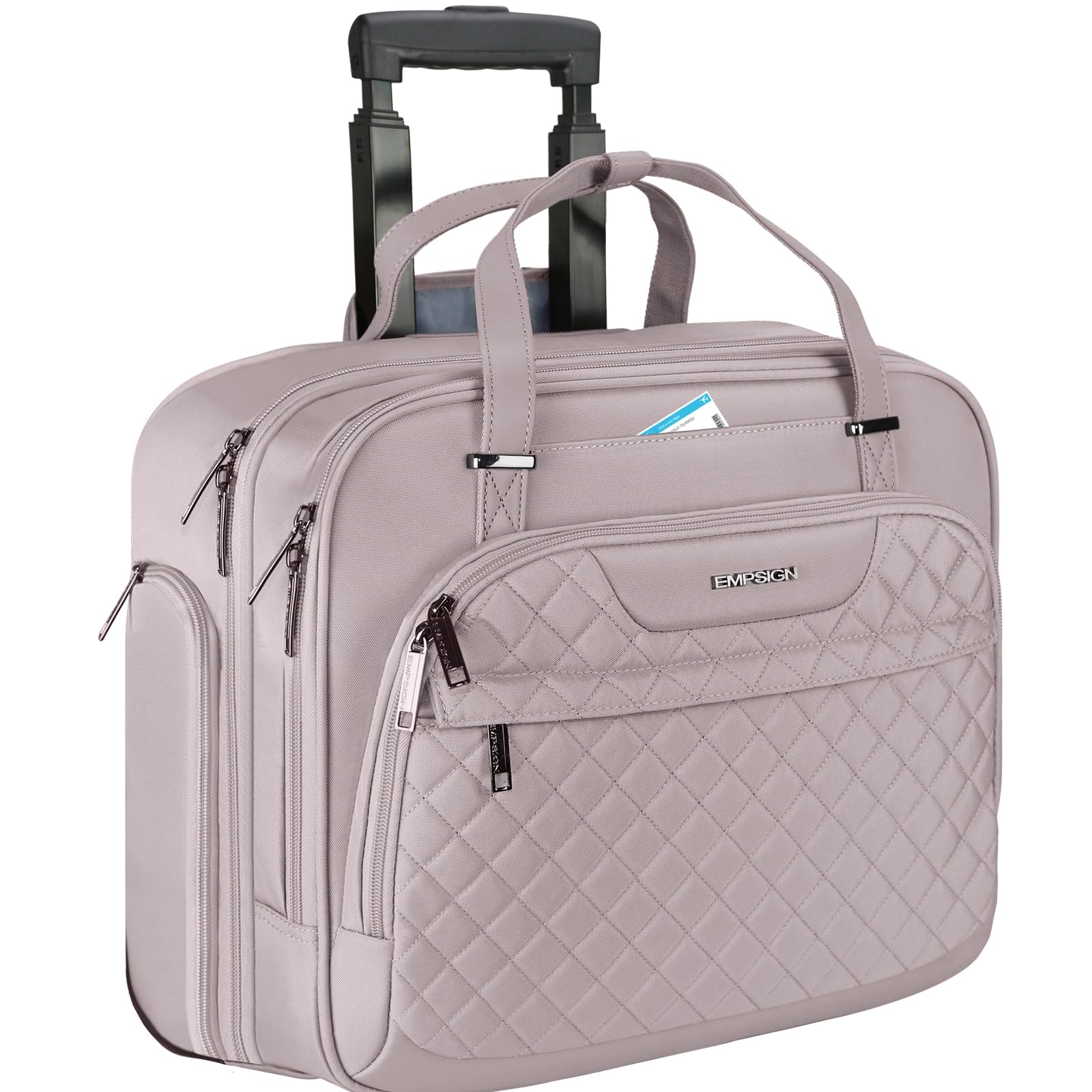 EMPSIGN Rolling Laptop Bag in Quilted Grey Pink
