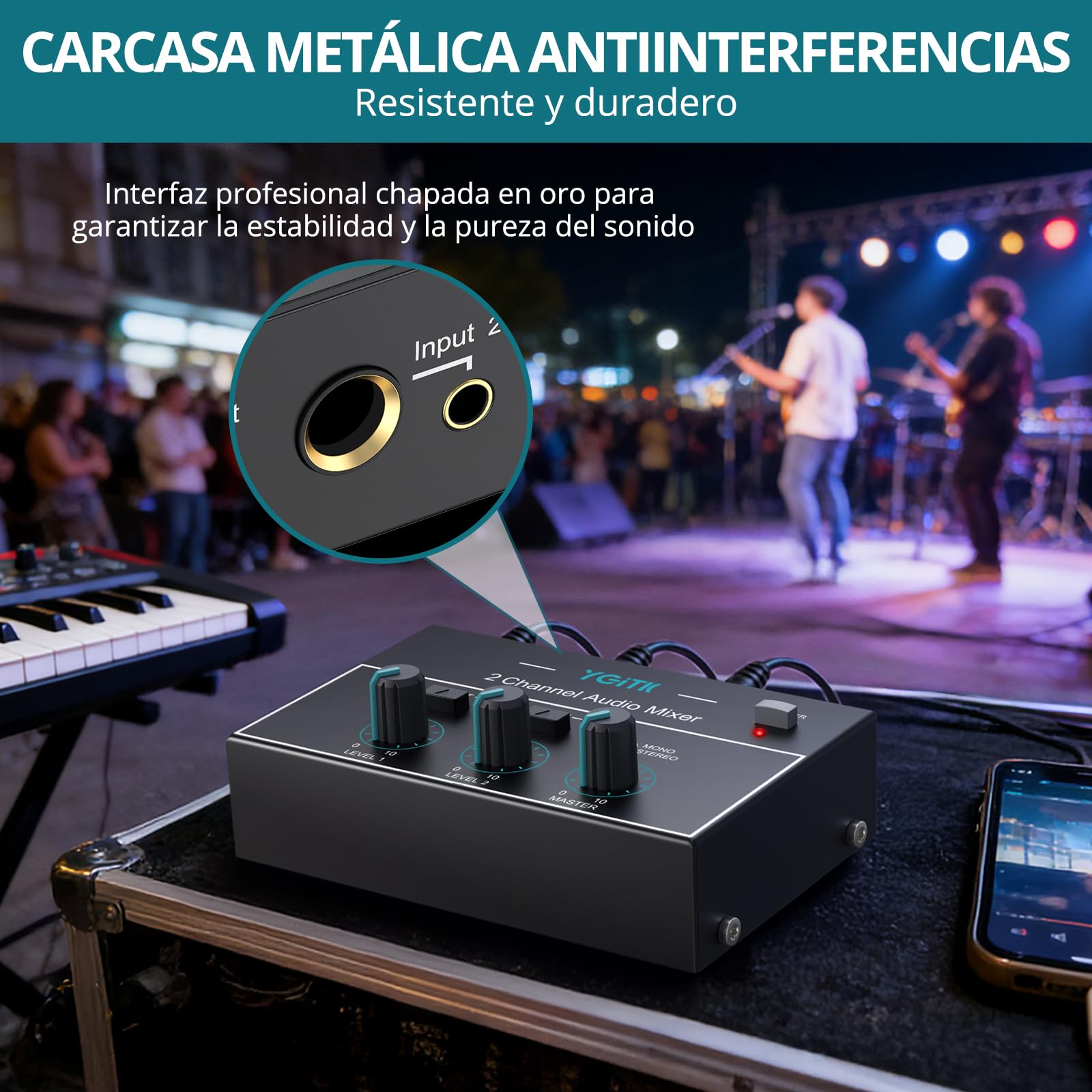 Mini Mezclador de Audio Mezclador de Línea Estéreo de 2 Canales de 6.35mm+3.5mm TSR, 4 Entradas y 1 Salida, para Guitarras, Bajo, Teclados, Micrófono Dinámico