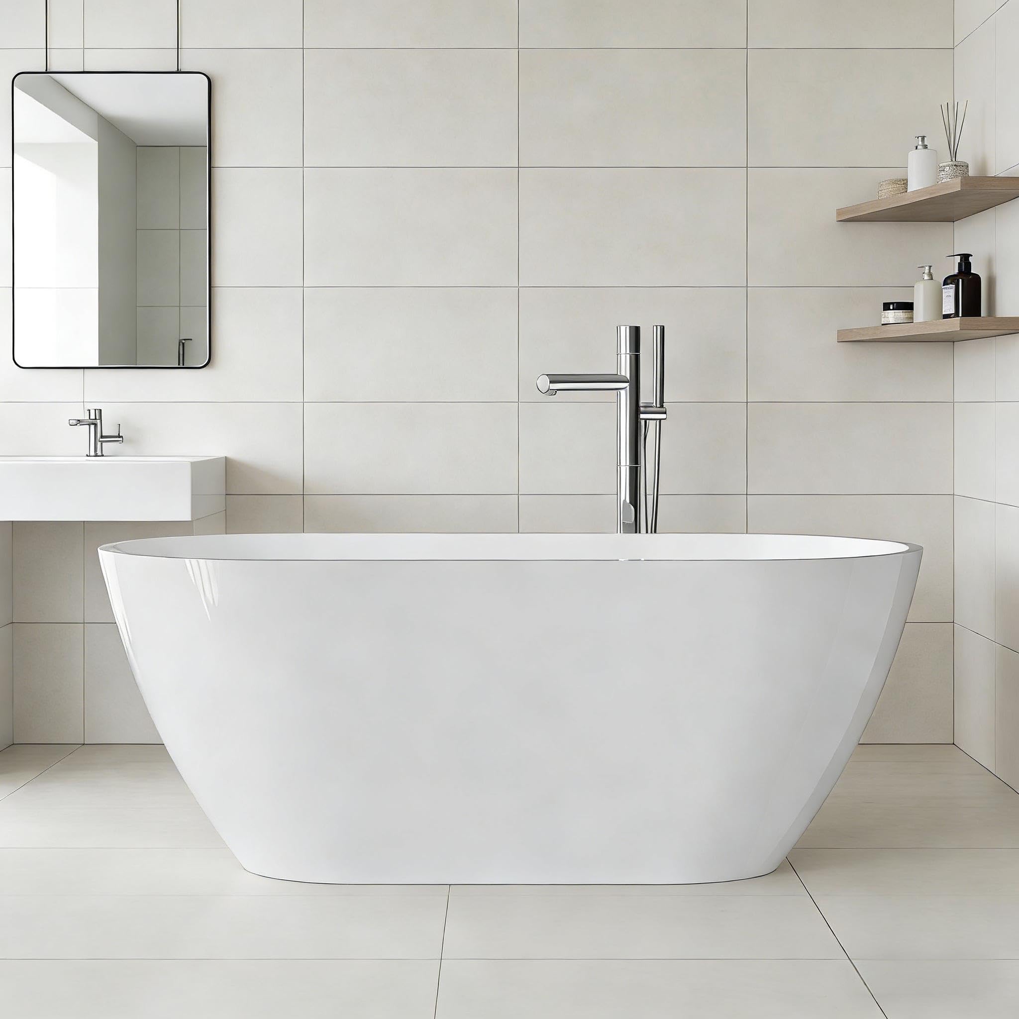 Freestanding Bathtub, Modern Soaking Tub, Deep Stand Alone Bath with Chrome Drain &amp; Overflow, Acrylic, Ergonomic Upright Bathtub for Bathroom Relaxation, Easy Clean Acrylic Tub, 67''