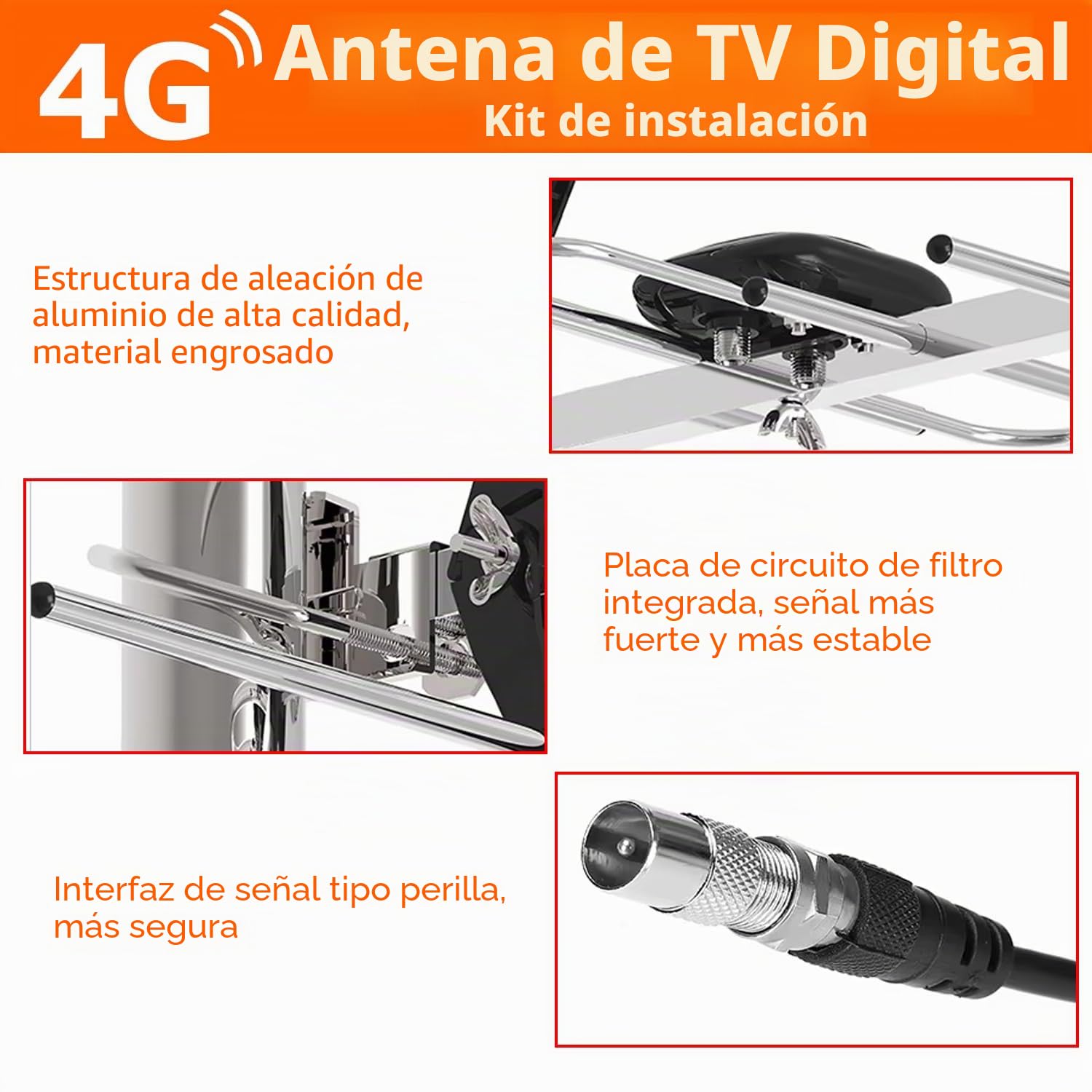 Kit de instalación de antena de TV digital 4G para exteriores, antena de techo para TV digital Smart Freeview HD al aire libre + conector coaxial macho hembra de 10 m RG6 tornillos de fijación de
