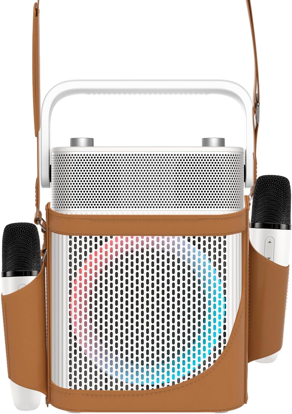 Karaoke Machine with 2 UHF Wireless Microphones with Leather Bag, IPX4 Waterproof Portable Bluetooth Speaker with Lights for Adults, Outdoor Karaoke Speaker Support Bluetooth/AUX/USB/PC (White)