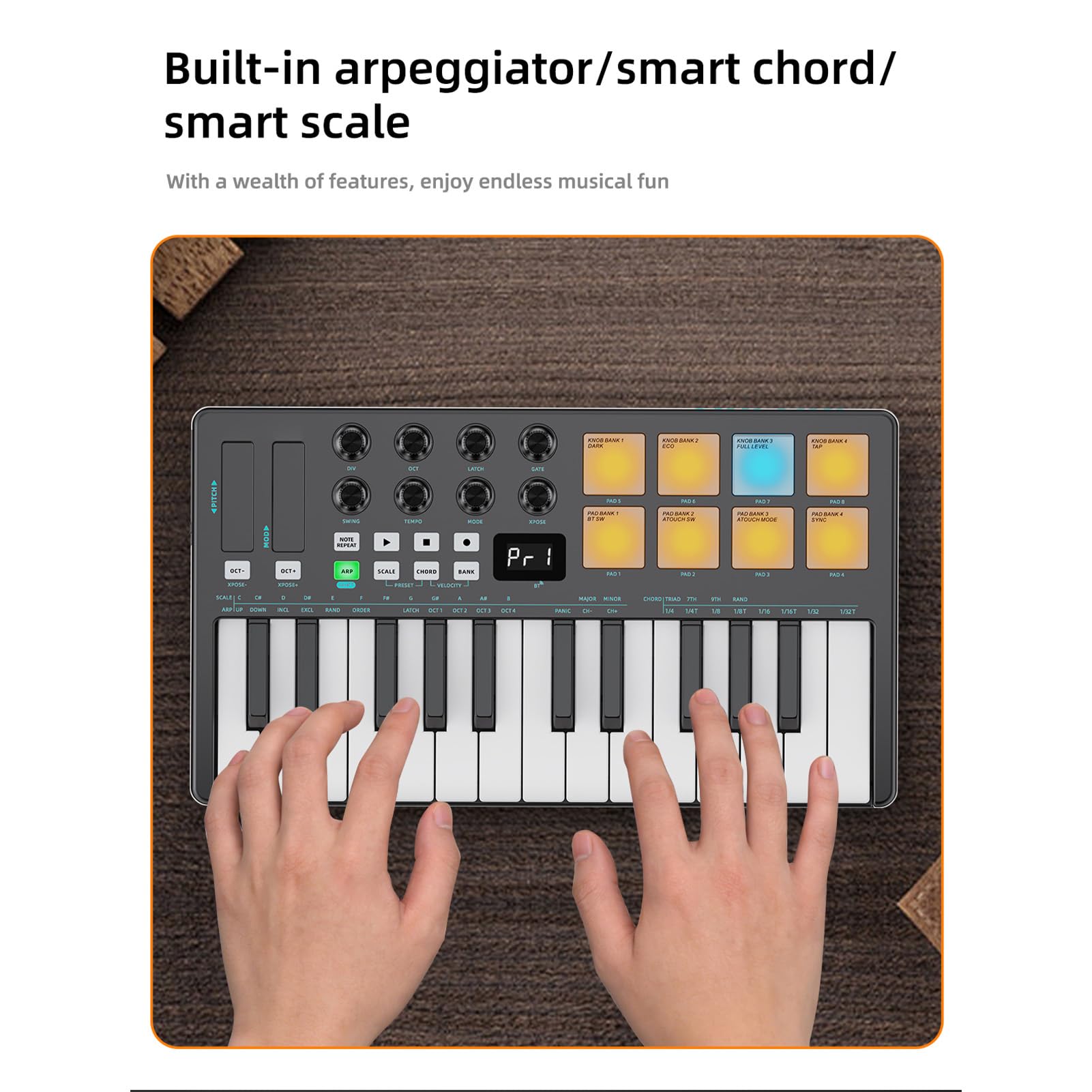 Walmeck Tastiera Controller MIDI BT a 25 Tasti con Pad Sensibili Alla velocità, Funzione di Accordo Arpeggiatore e Ricevitori Ricaricabili per la Produzione DAW (Nera)