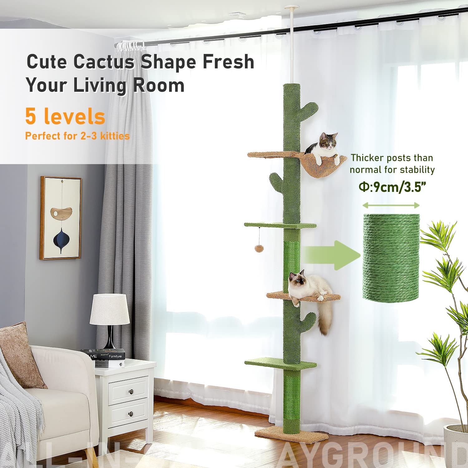 PAWZ Road Kaktus Kratzbaum Boden bis zur Decke Katzenturm mit Einstellbarer Höhe (229-275cm), 5 Ebenen Katzenturm mit gemütlichen Hängematte, Plattformen und baumelnden Kugeln