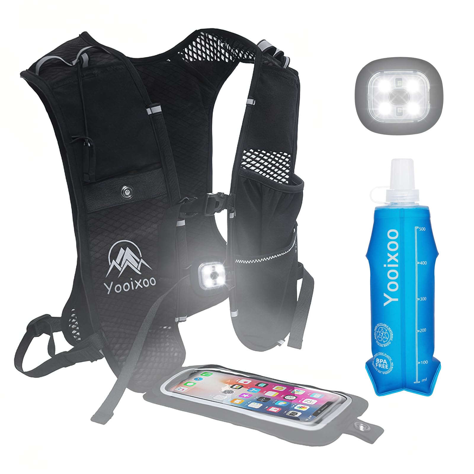 Running Vest for Women Men, Running Backpack Lightweight Hydration Pack With Touch Screen Phone Bag for Hiking Trail Running Cycling Race Marathon Essentials (BLACK, VEST+LIGHTS+Bottles)