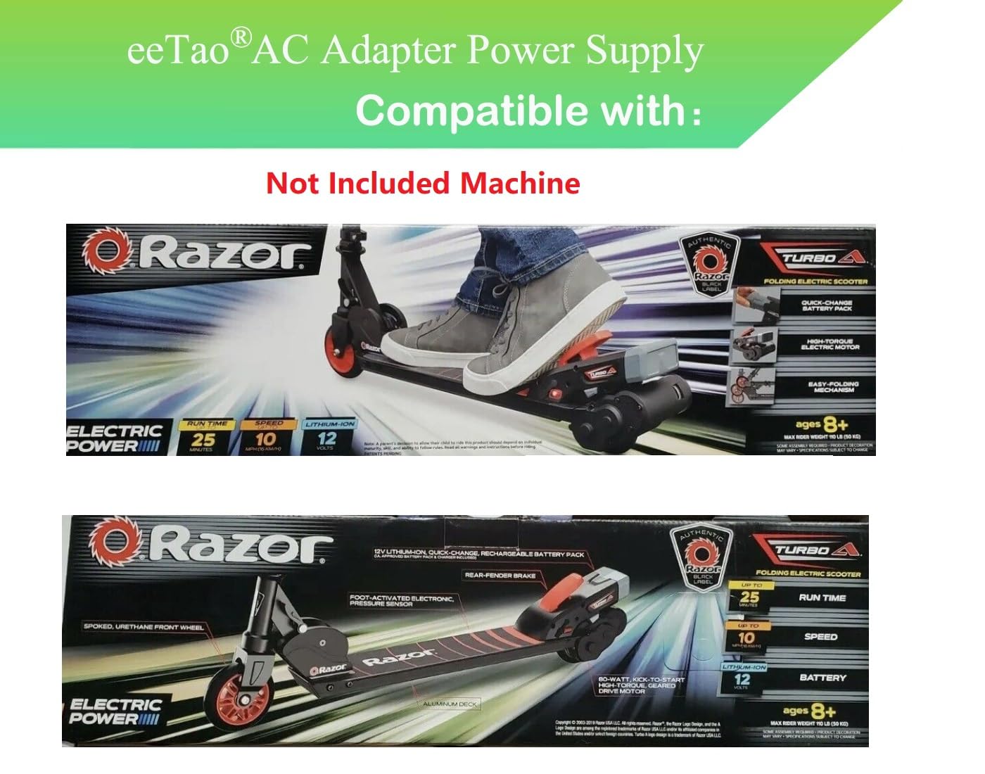 eeTao AC/DC Adapter Charger Compatible with Razor Turbo A Folding Electric Scooter 13110001 13173803 12 Volt Lithium ion Rechargeable 12V Li-Ion Jett Battery Pack 80 Watt Powered Power Supply Cord