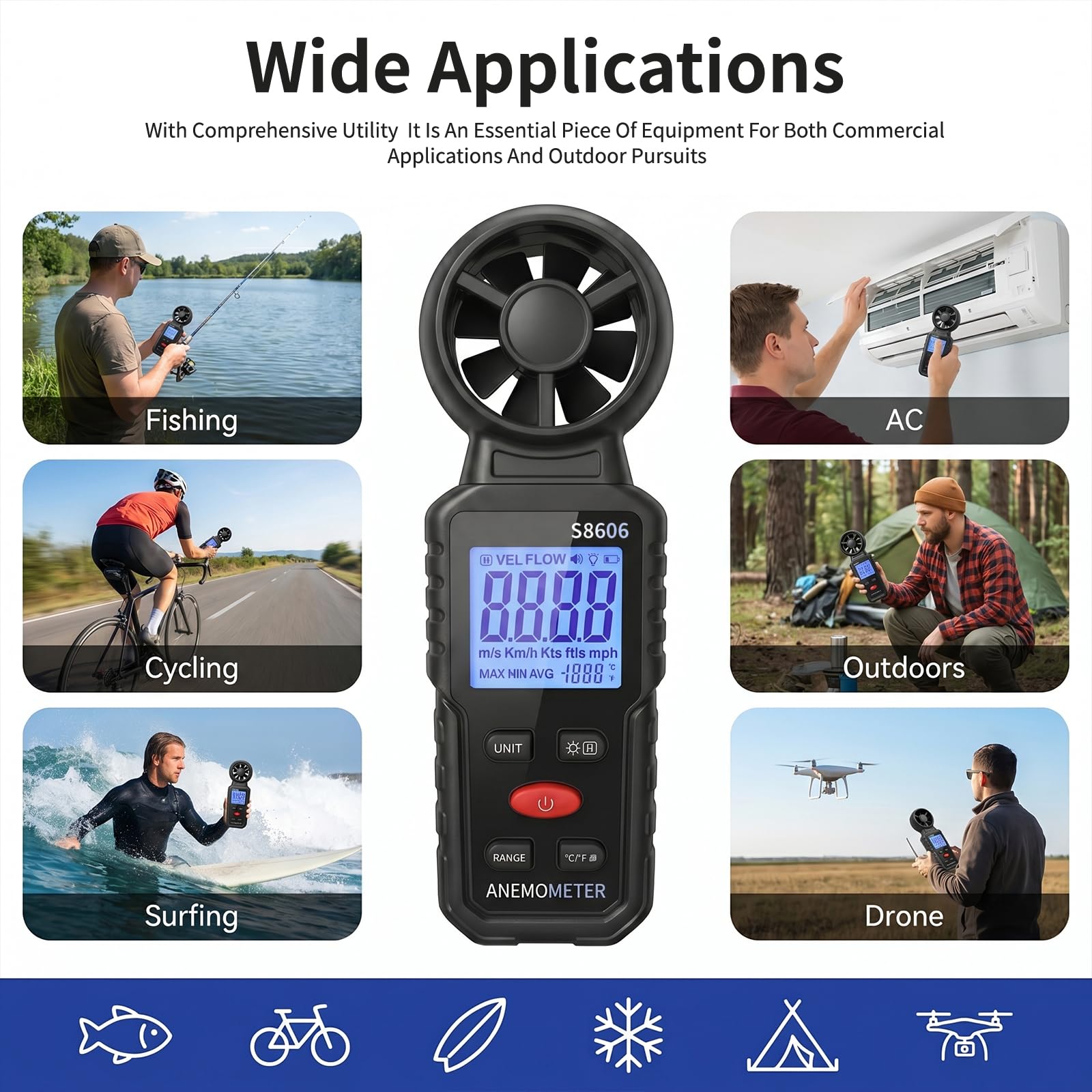 Anemómetro Digital Portátil 3 en 1 con Pantalla LCD Retroiluminada, Medidor de Velocidad del Viento, Temperatura y Flujo de Aire, Funciones MAX/MIN/AVG, para Navegación, Drones, Surf y Pesca