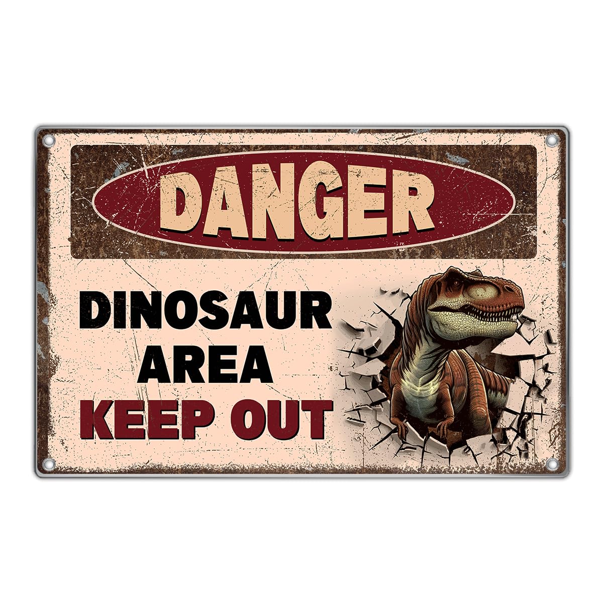 Danger Dinosaur Area Keep Out Sign 12 x 8 Inch Metal Wall Decor T Rex Room Decoration For Boys Kids Bedroom Man Cave Fun Art Poster Home Bar Garage Vintage Kitchen