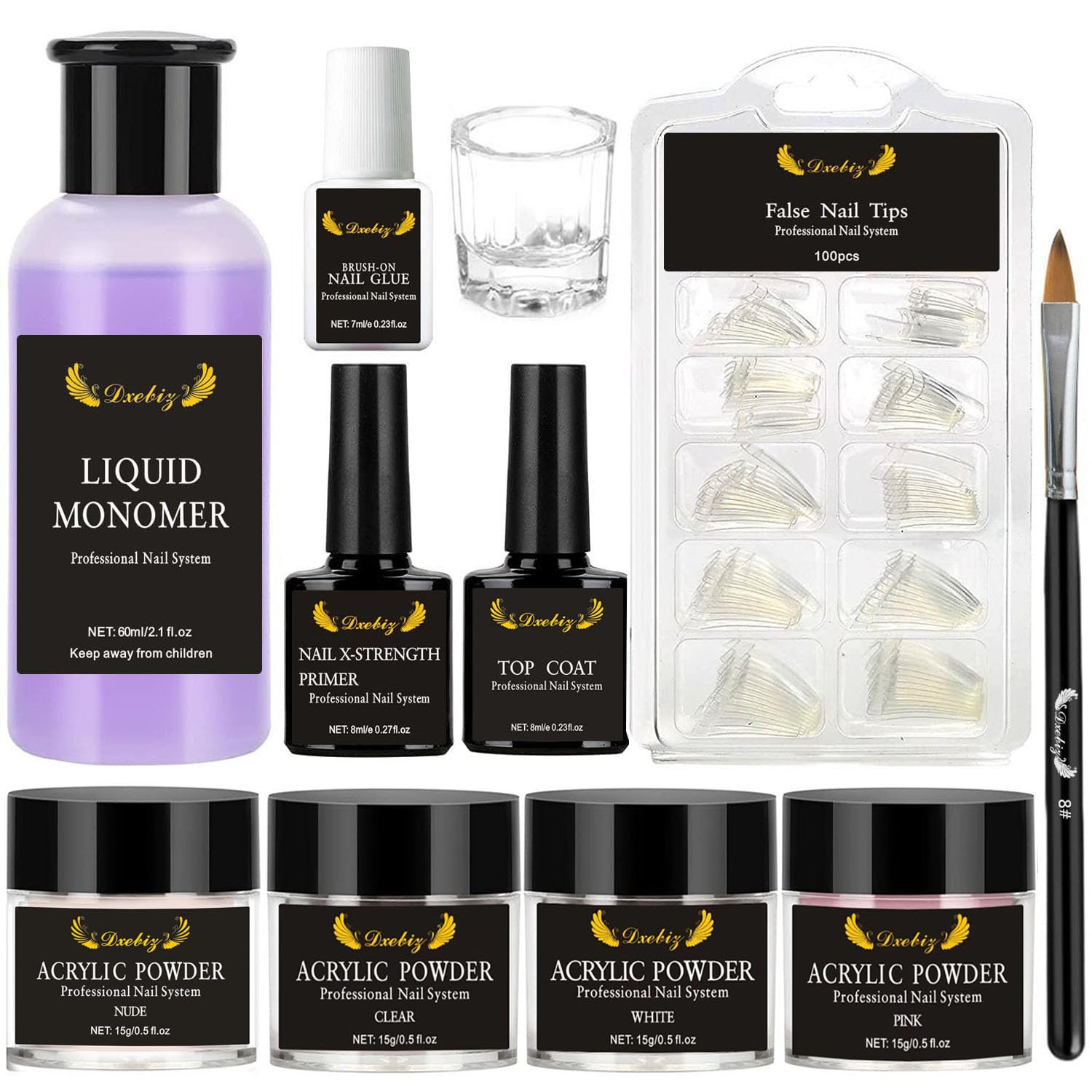 Acrylic Nail Kit with Top Coat and Primer, Nude Clear Pink White Acrylic Powder Set, French Clear Nail Tips Glue Brush DIY Nail Kit with Everything