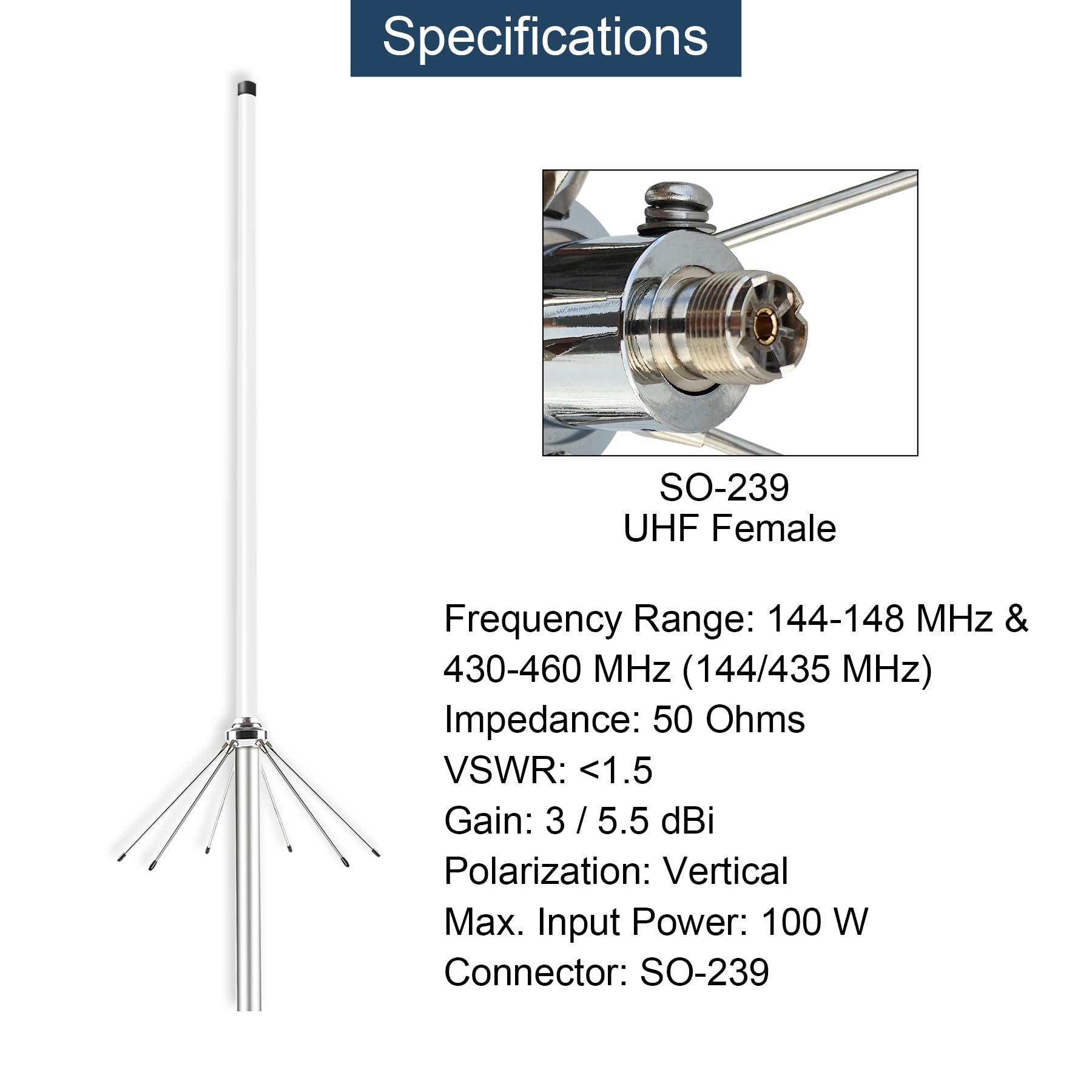 Antena repetidora de base UHF VHF de doble banda 144-148MHz 2 m / 430-460 MHz 70 cm GMRS Antena de fibra de vidrio para estaciones base de radioaficionados