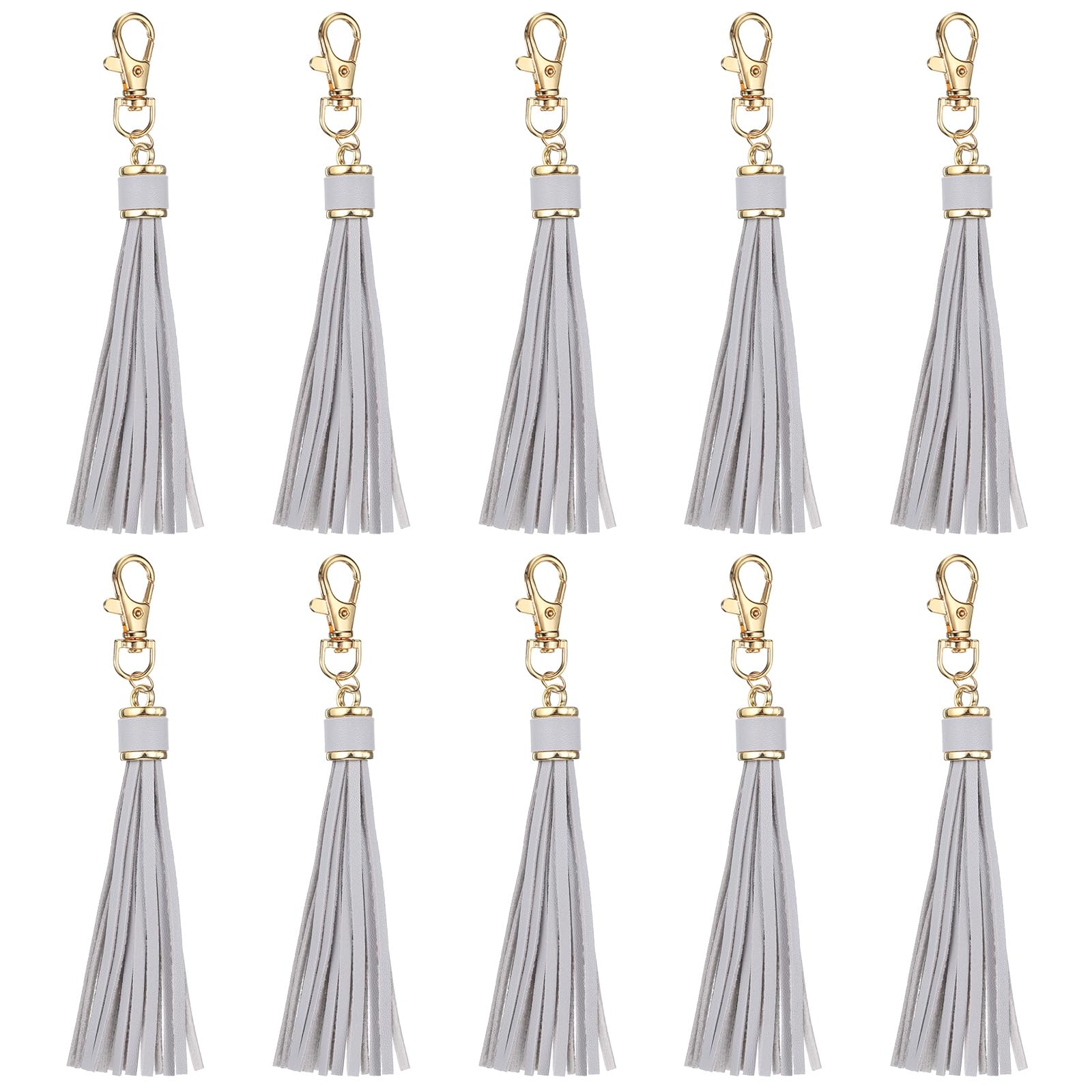 sourcing map 10pcs PU Leather Tassels, 6 Inch Keychain Tassel Charm with Lobster Swivel for Jewelry Making, Handbag, DIY Crafts, (Grey)