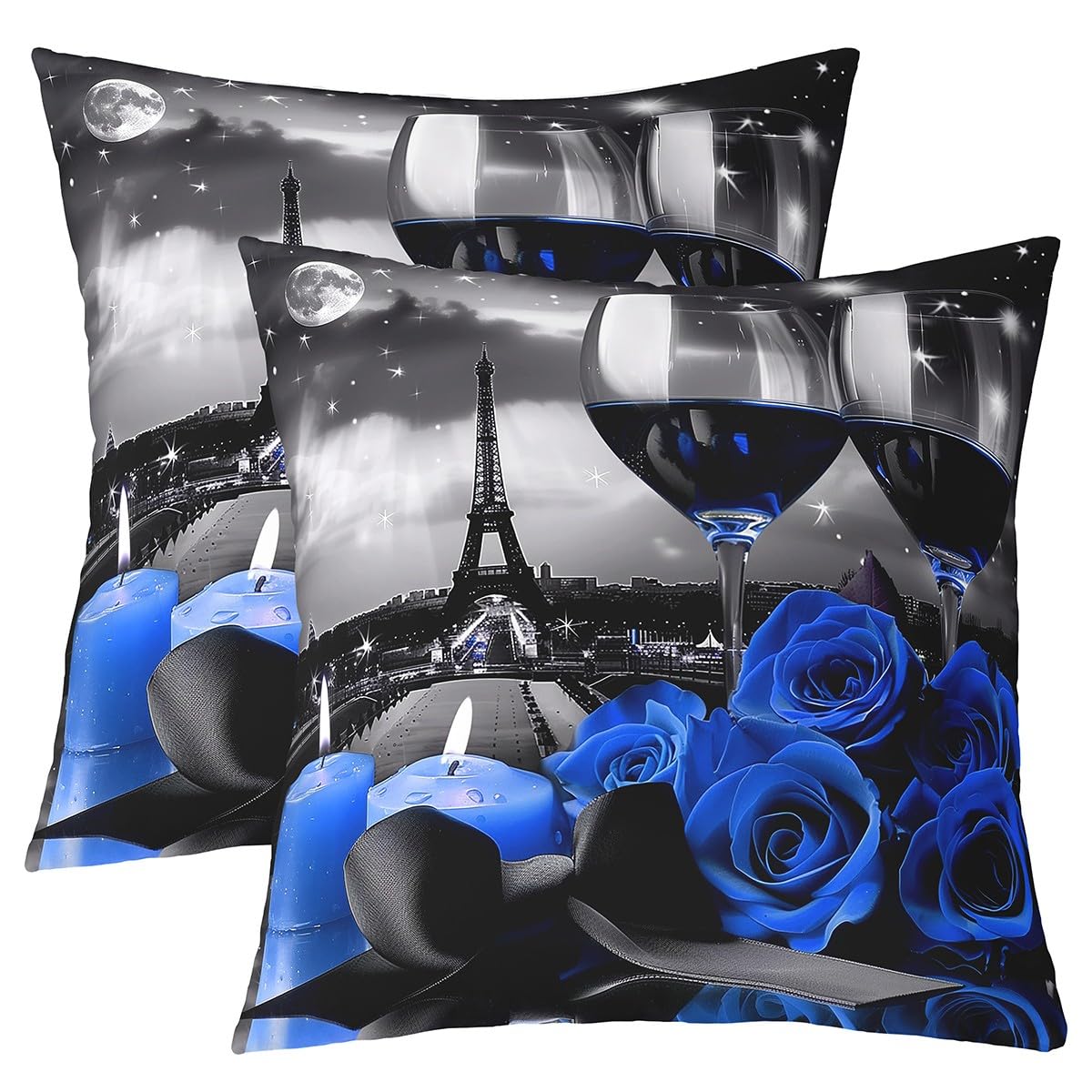 Rose Wine Glass Throw Pillow Covers, Eiffel Tower Pillow Covers 22x22 Inch Set of 2, Blue Black Rose Floral Cushion Cases, Banquet Flower Blossom