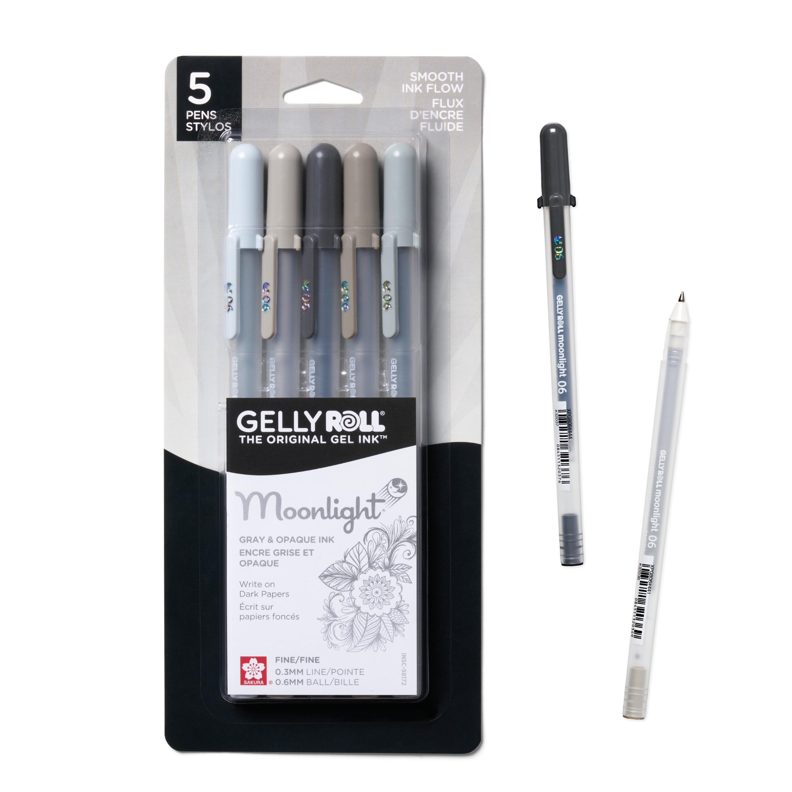 Sakura Gelly Roll Moonlight 5 Pack, 06 Fine point, Opaque Gray Gel Pens, Creamy Smooth Ink, Writes on Dark Paper