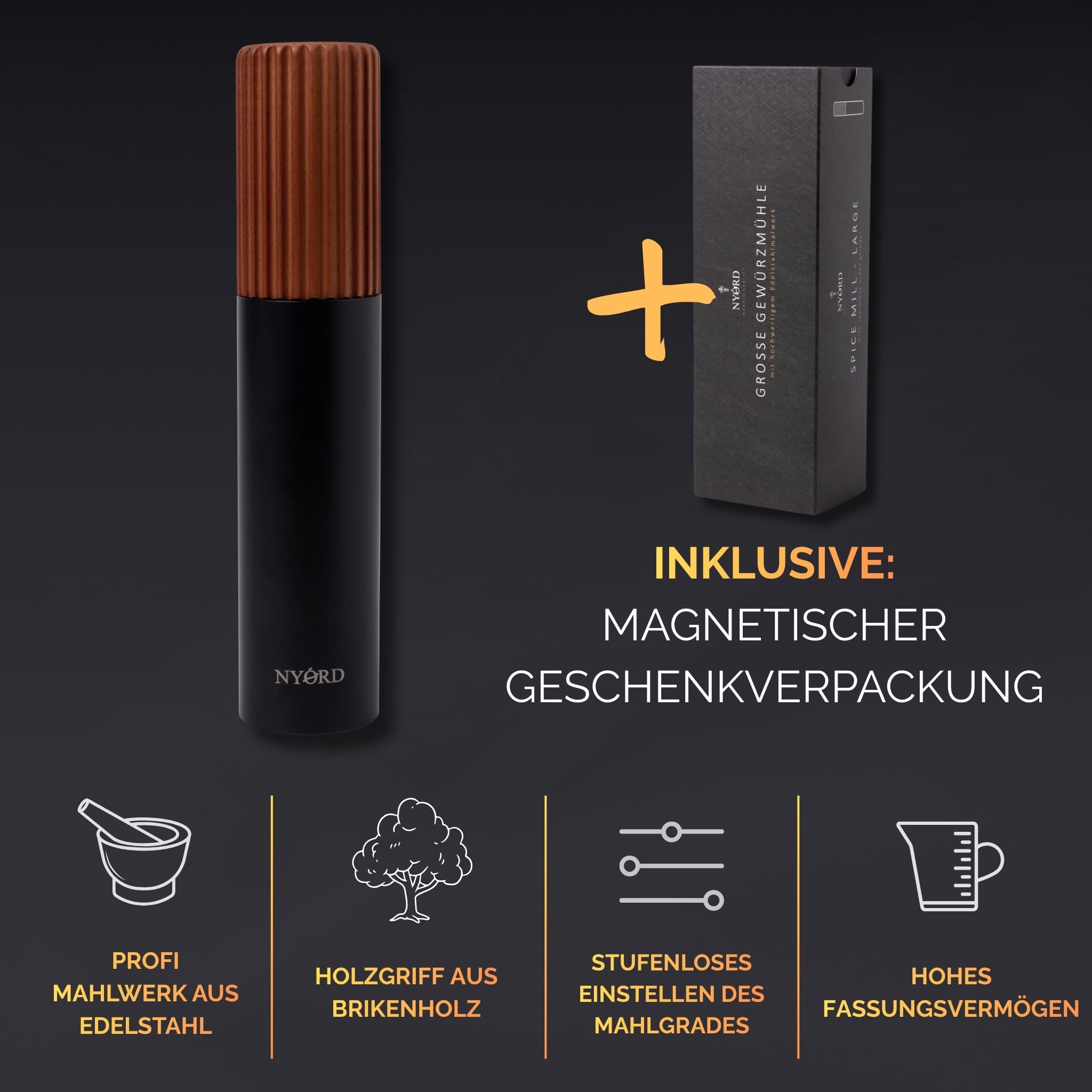 NYORD Gewürzmühle – Schwarze Salz und Pfeffermühle, Manuelle Mühle mit Edelstahl Mahlwerk, Groß mit hohem Fassungsvermögen, Stufenloses Einstellen des Mahlgrades, Holzgriff aus Birkenholz