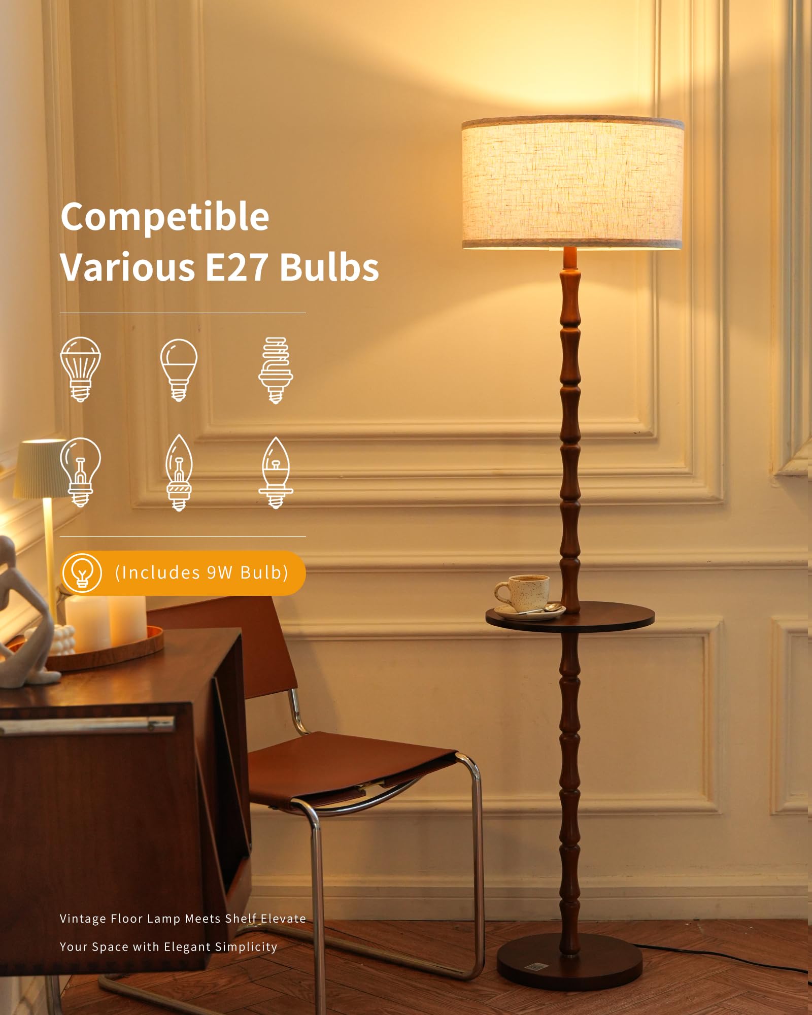 Vintage Stehlampe aus Holz mit Ablage, Walnuss, WOVI FL13 | 161cm Stehleuchte Retro mit 3 Farbtemperaturen, Fußschalter & Stoffschirm, E27 Lampe inklusive, für Wohnzimmer, Schlafzimmer