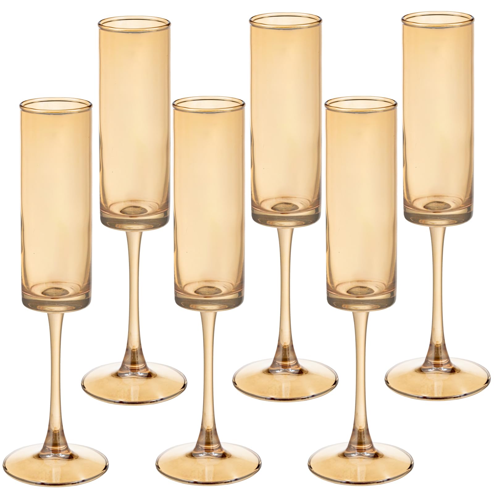 Bernstein-Champagnergläser, 170 ml, gerade Seiten, langer Stiel, buntes Trinkglas, Set mit 6 mundgeblasenen Champagnerflöten, Kelchen für Hochzeit, Cocktailbecher, Cava, Prosecco, 6 Stück